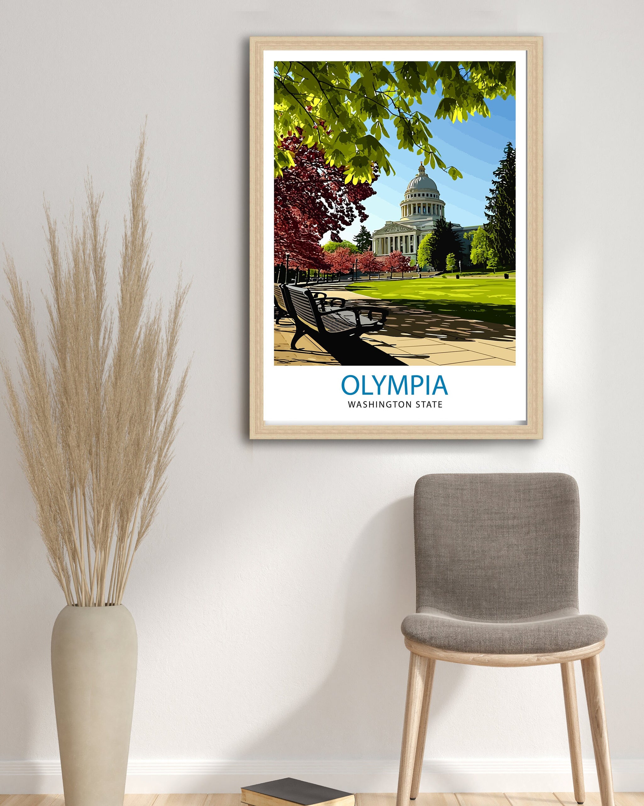 Olympia Washington State Print Capital City Art Puget Sound Landscape Poster Pacific Northwest Wall Decor Olympia Cityscape Illustration