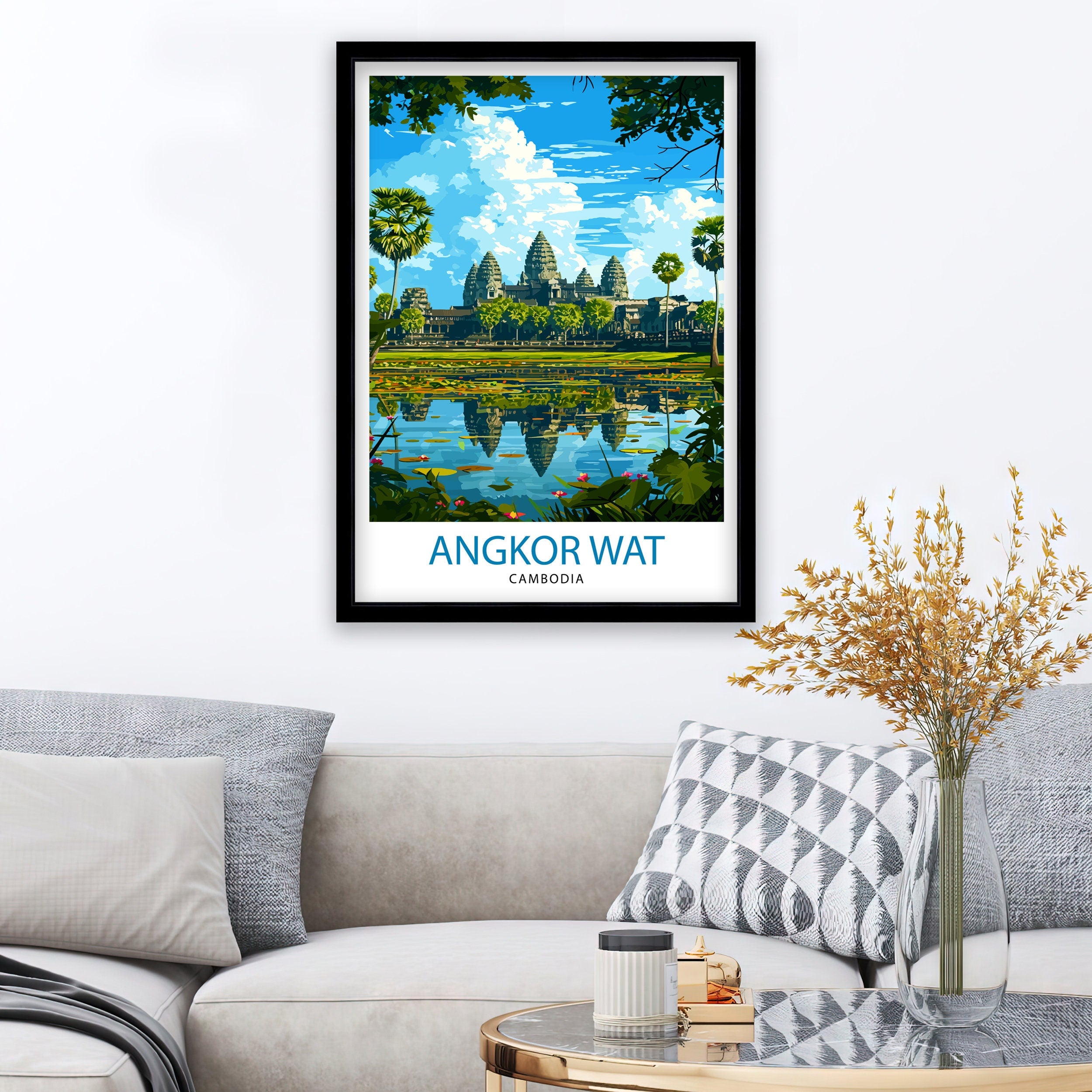 Angkor Wat Cambodia Print Ancient Temple Art Siem Reap Landmark Poster Khmer Architecture Wall Decor Historical Site Illustration Southeast