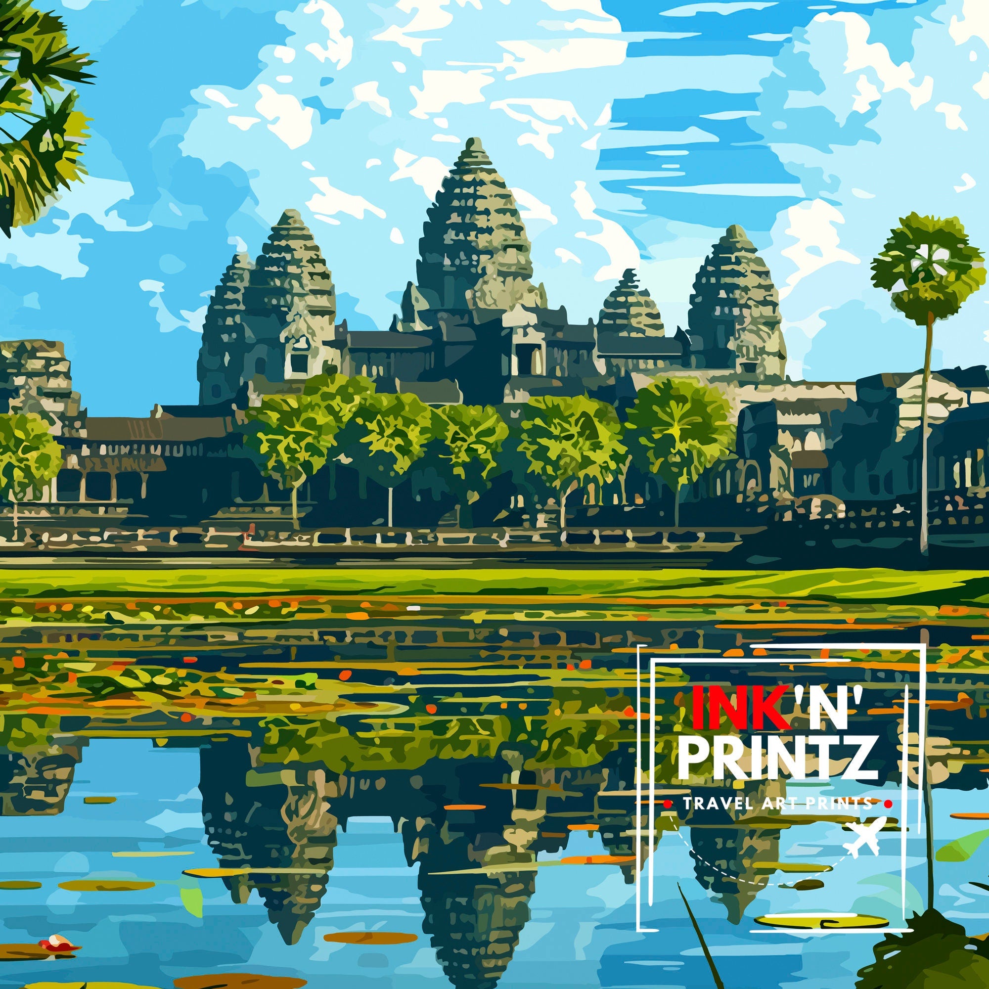 Angkor Wat Cambodia Print Ancient Temple Art Siem Reap Landmark Poster Khmer Architecture Wall Decor Historical Site Illustration Southeast