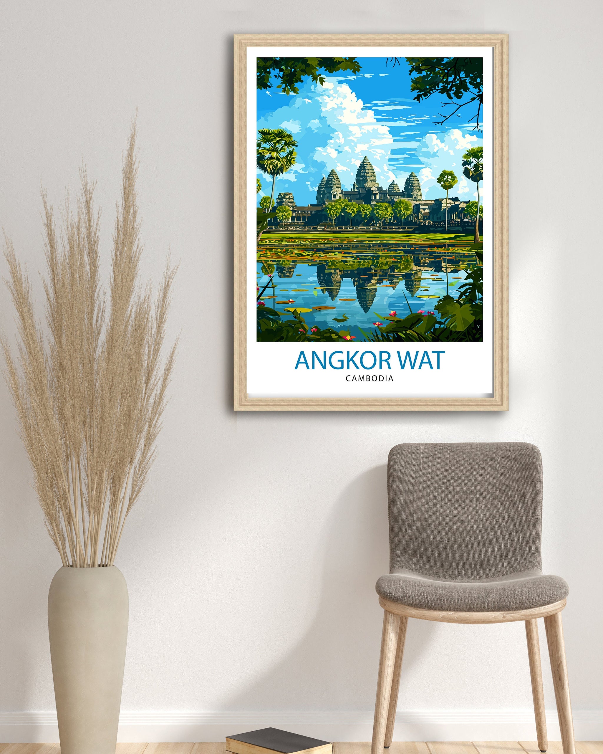 Angkor Wat Cambodia Print Ancient Temple Art Siem Reap Landmark Poster Khmer Architecture Wall Decor Historical Site Illustration Southeast