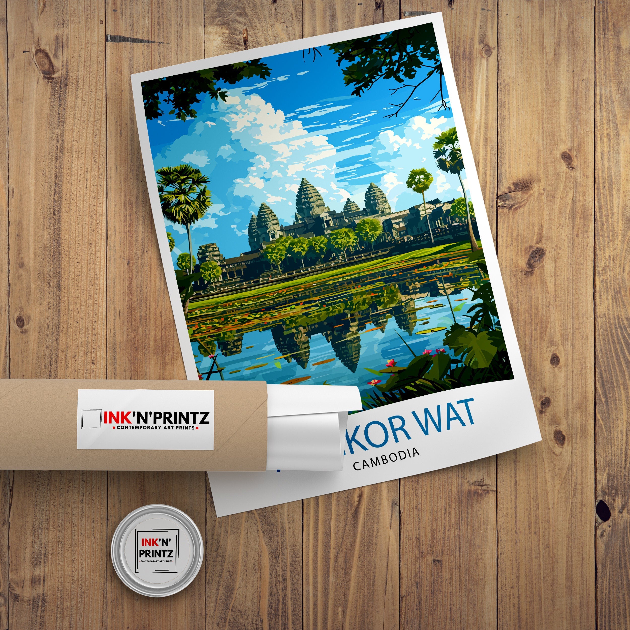 Angkor Wat Cambodia Print Ancient Temple Art Siem Reap Landmark Poster Khmer Architecture Wall Decor Historical Site Illustration Southeast