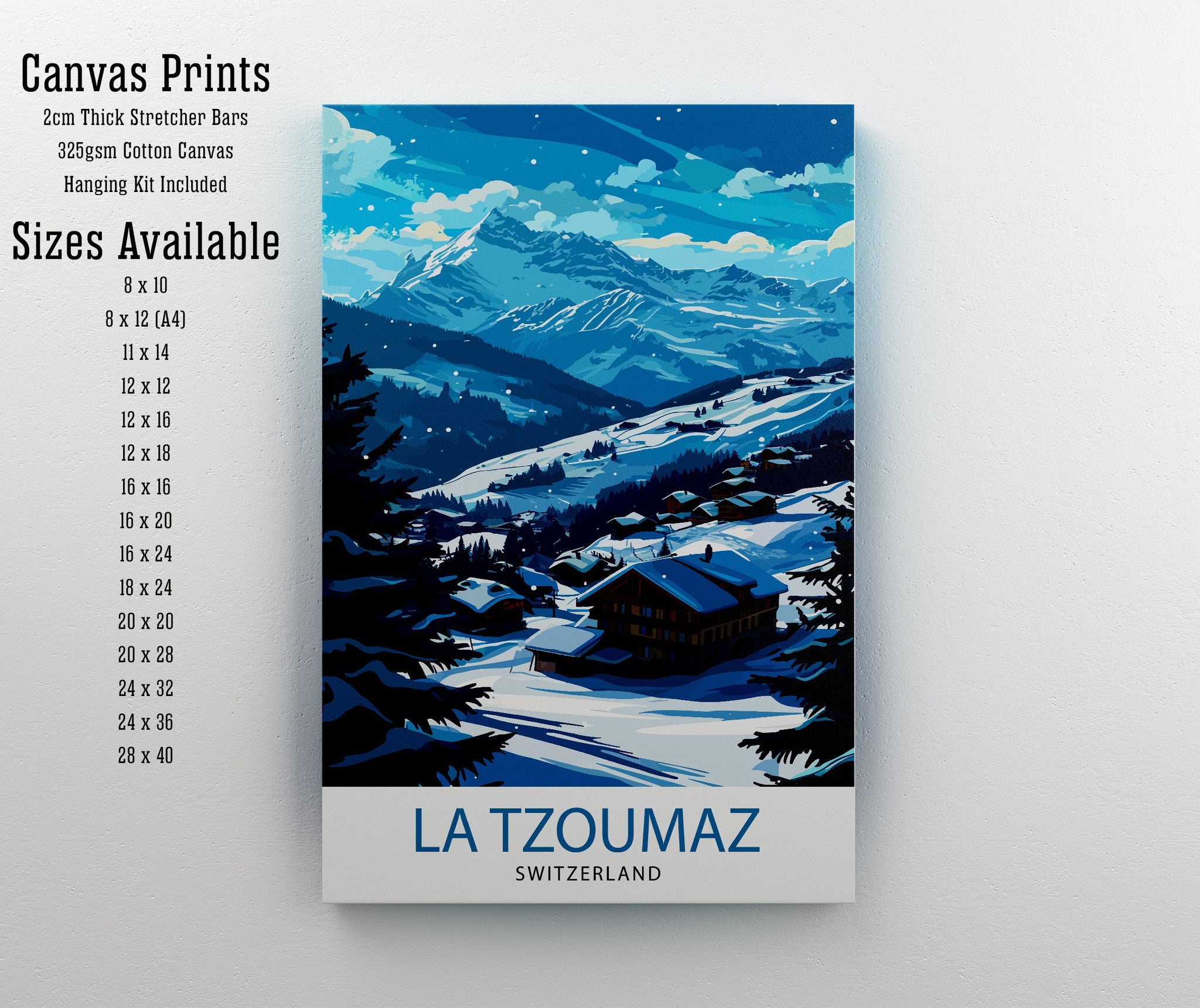La Tzoumaz Switzerland Print Alpine Village Art Swiss Ski Resort Poster Mountain Landscape Wall Decor Verbier 4 Valleys Illustration Winter