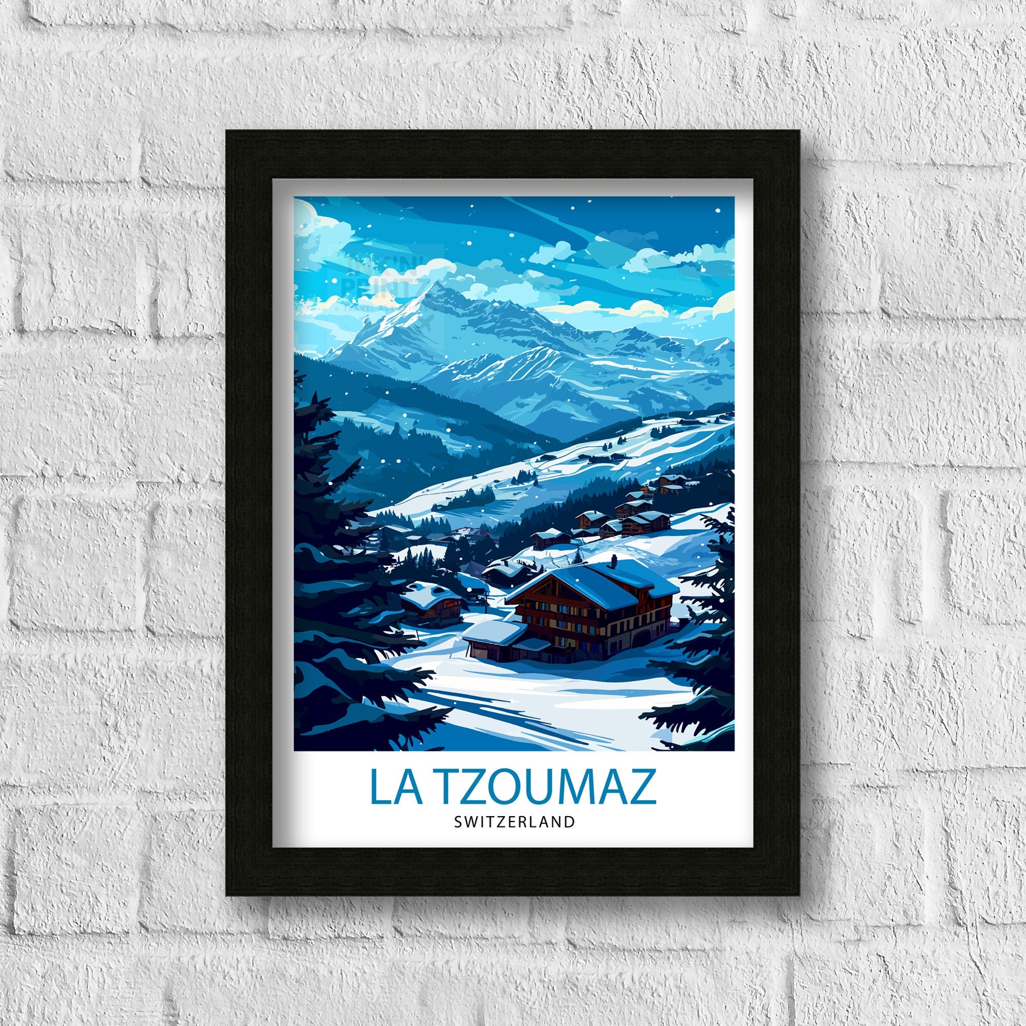 La Tzoumaz Switzerland Print Alpine Village Art Swiss Ski Resort Poster Mountain Landscape Wall Decor Verbier 4 Valleys Illustration Winter