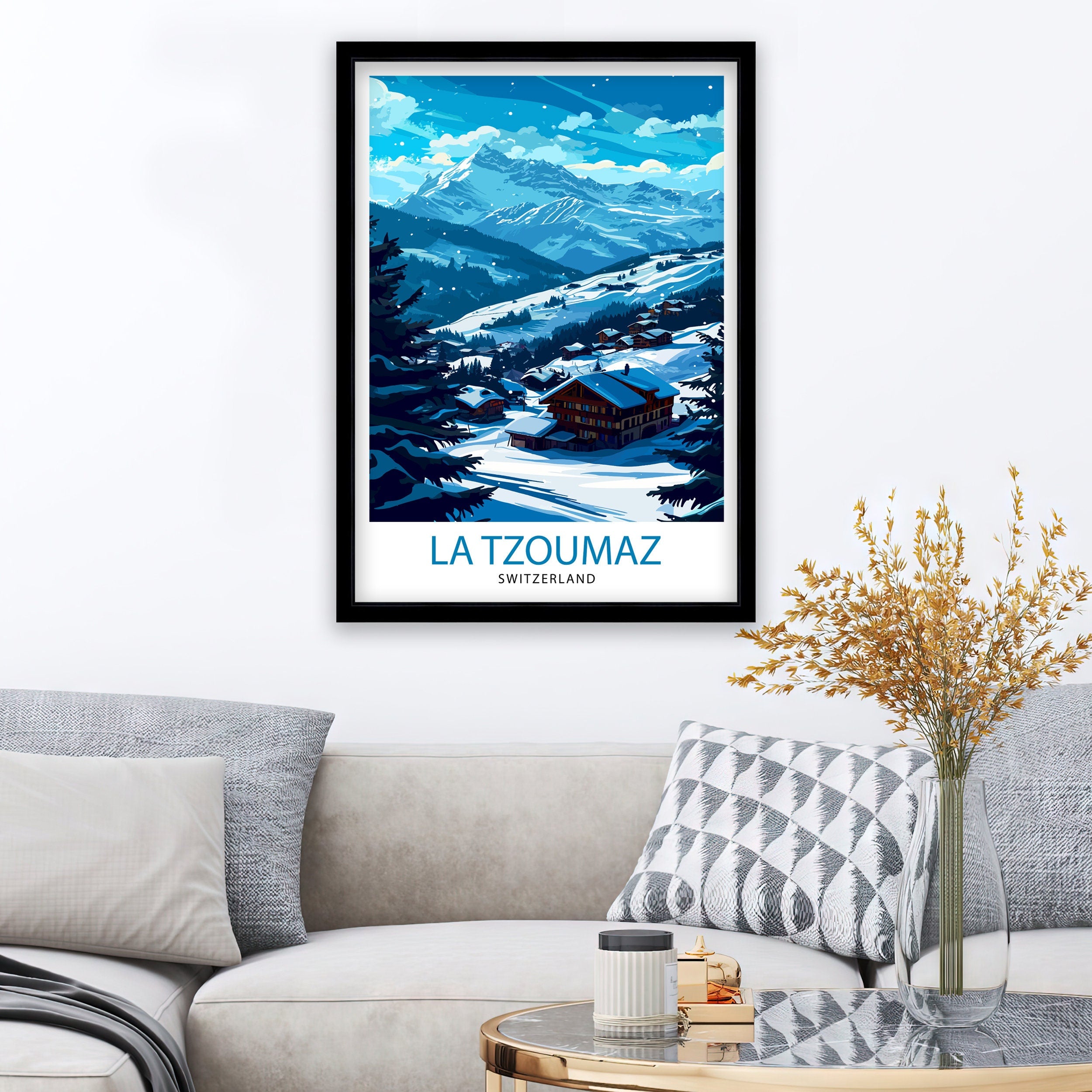 La Tzoumaz Switzerland Print Alpine Village Art Swiss Ski Resort Poster Mountain Landscape Wall Decor Verbier 4 Valleys Illustration Winter