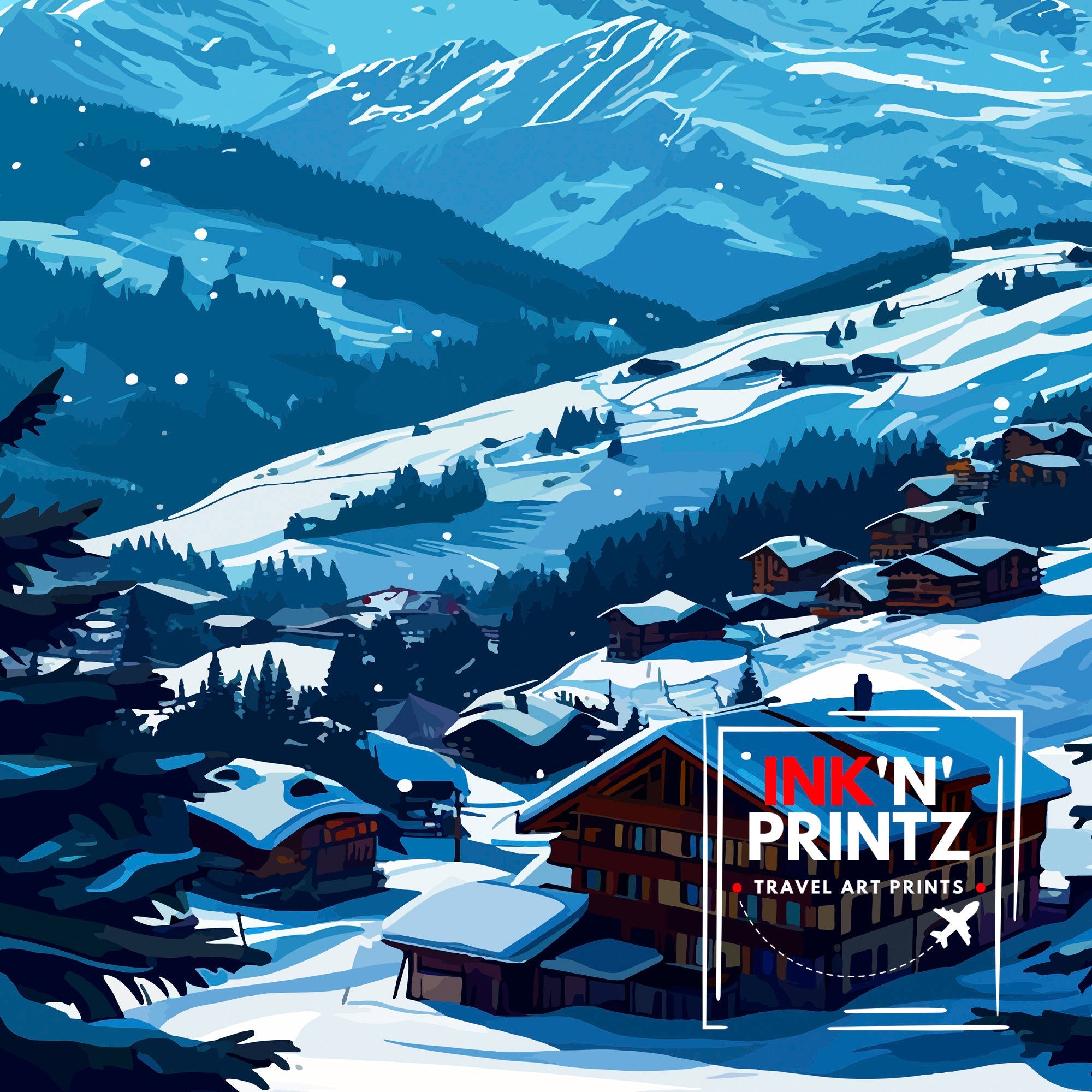 La Tzoumaz Switzerland Print Alpine Village Art Swiss Ski Resort Poster Mountain Landscape Wall Decor Verbier 4 Valleys Illustration Winter