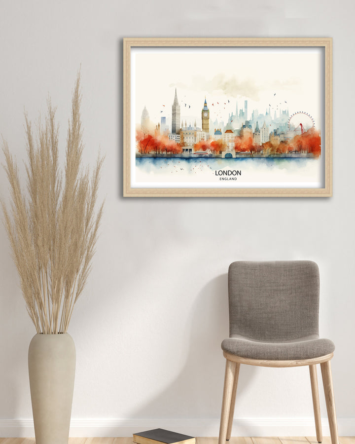 London Skyline Print Iconic Cityscape Art London Landmarks Poster England Capital Wall Decor Thames River View Illustration Urban Metropolis