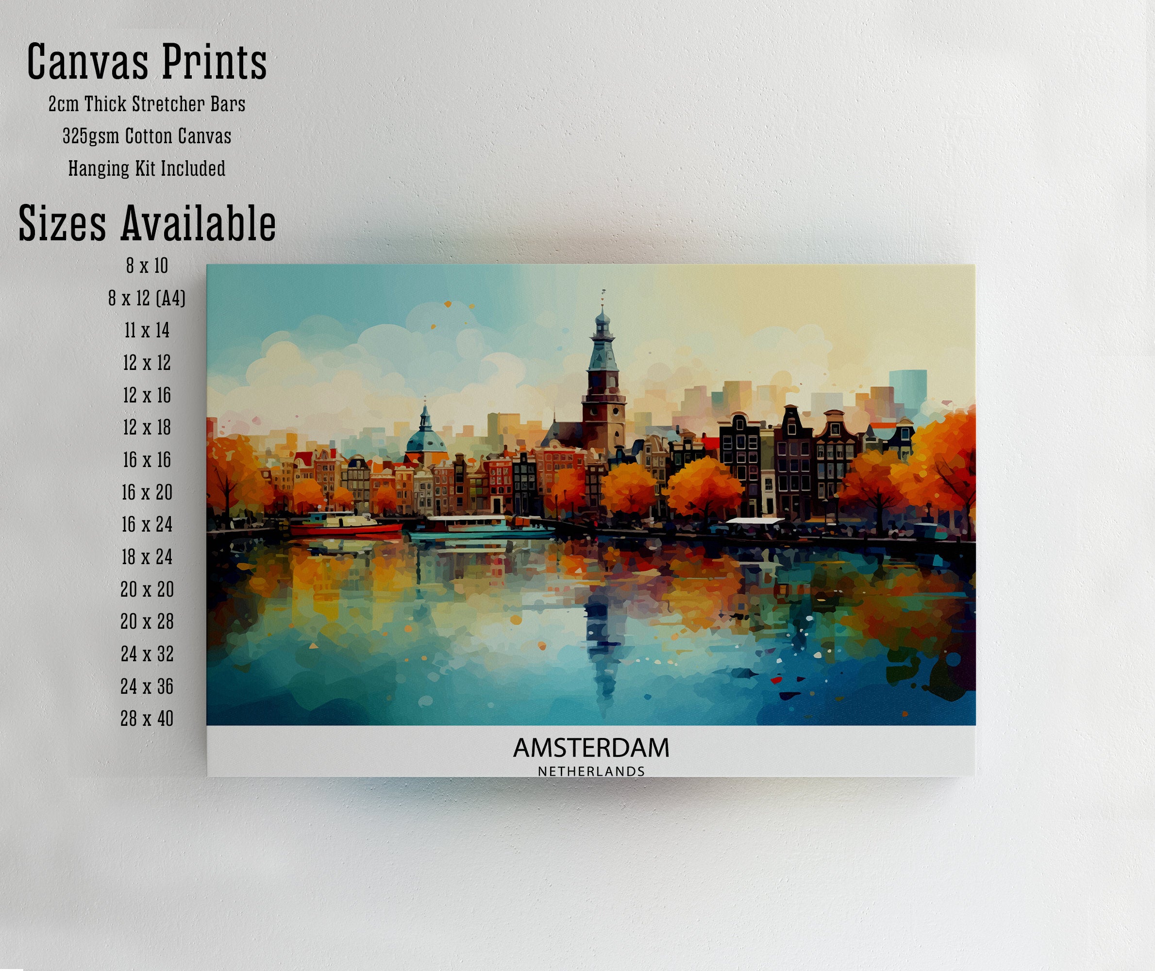 Amsterdam Skyline Print Dutch Cityscape Art Canal Houses Poster Netherlands Urban Decor Amsterdam Landmarks Illustration European City Wall