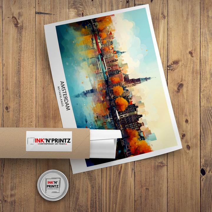 Amsterdam Skyline Poster Dutch Cityscape Art Canal Houses Poster Netherlands Urban Decor Amsterdam Landmarks Illustration European City Wall