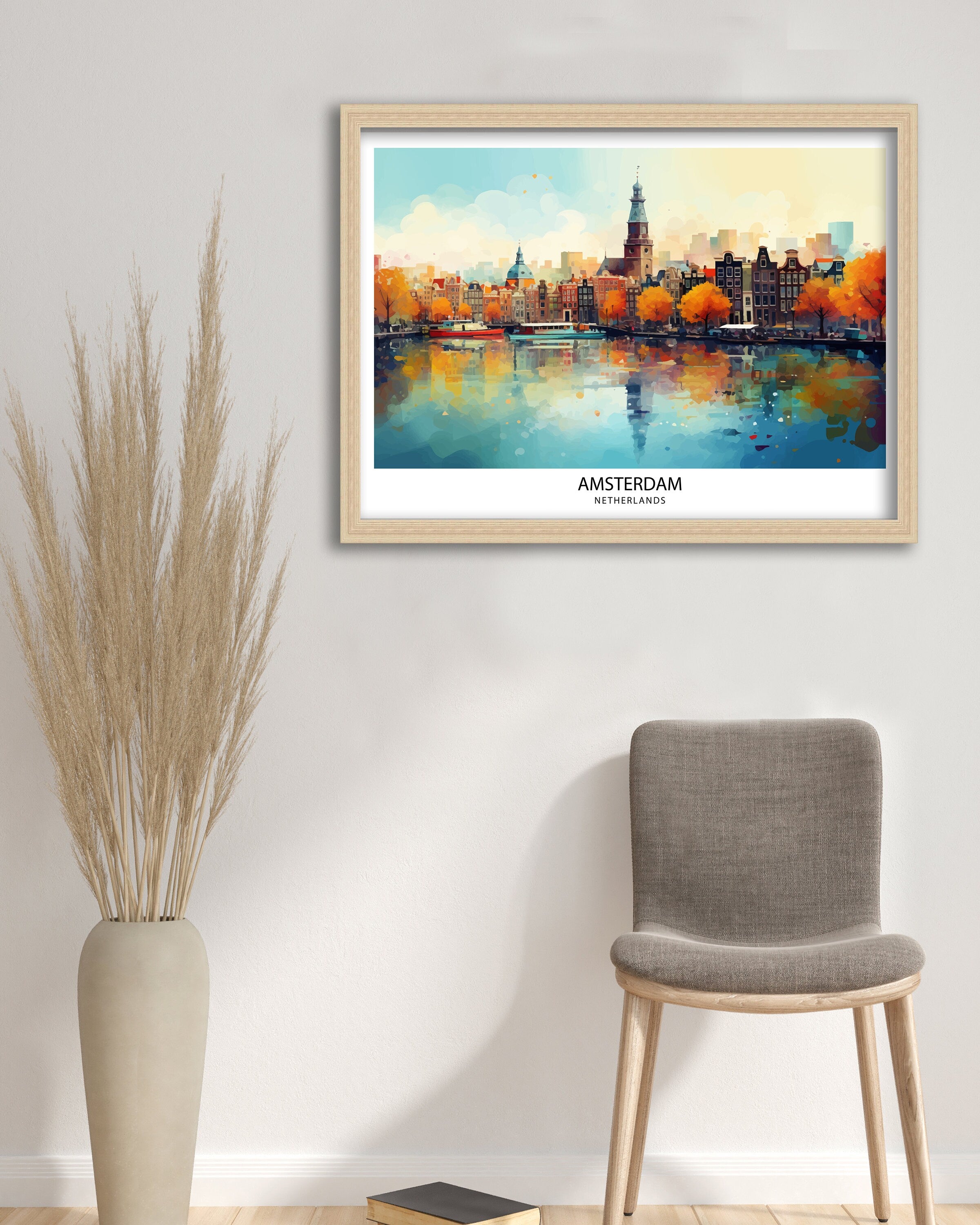 Amsterdam Skyline Print Dutch Cityscape Art Canal Houses Poster Netherlands Urban Decor Amsterdam Landmarks Illustration European City Wall