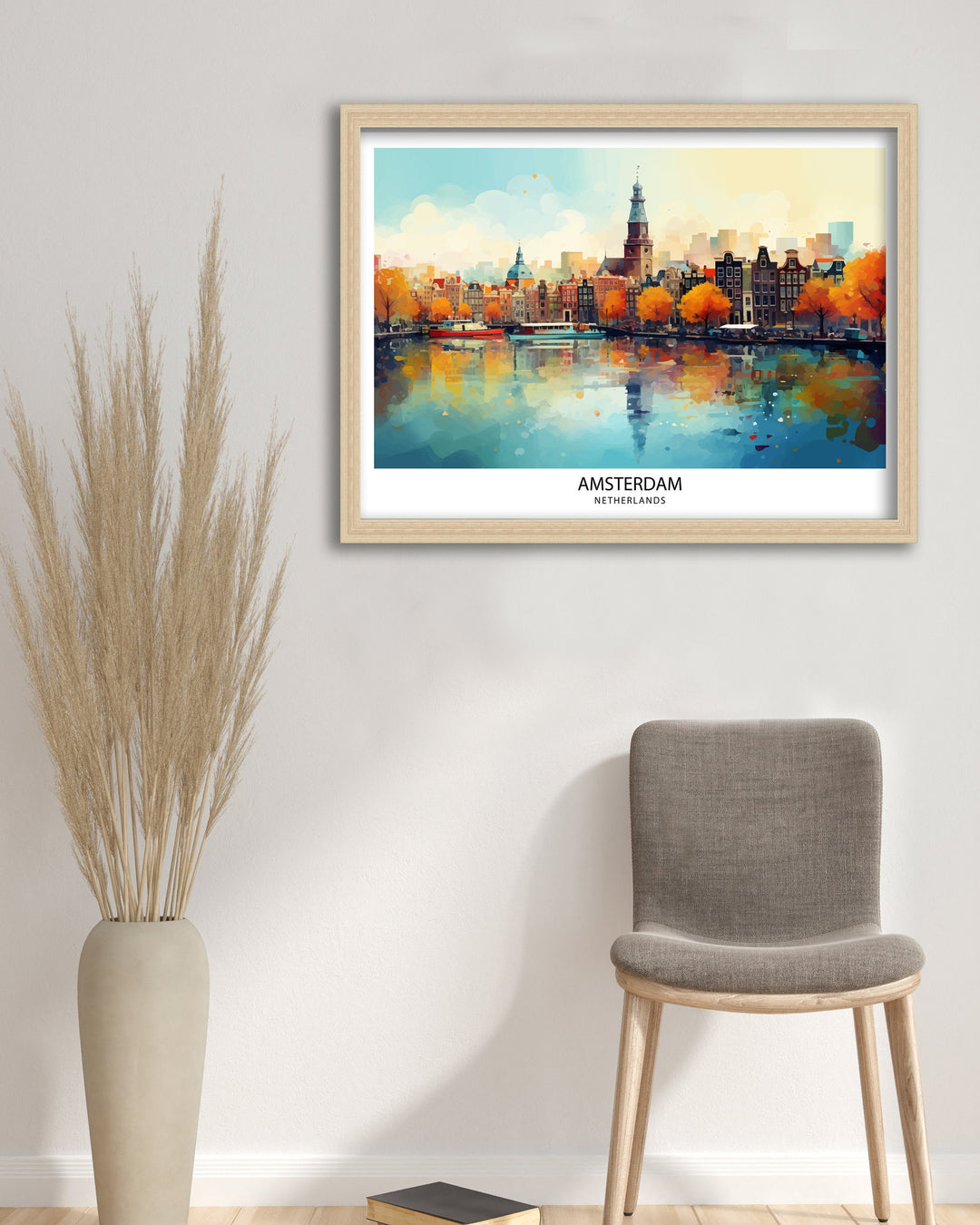 Amsterdam Skyline Poster Dutch Cityscape Art Canal Houses Poster Netherlands Urban Decor Amsterdam Landmarks Illustration European City Wall