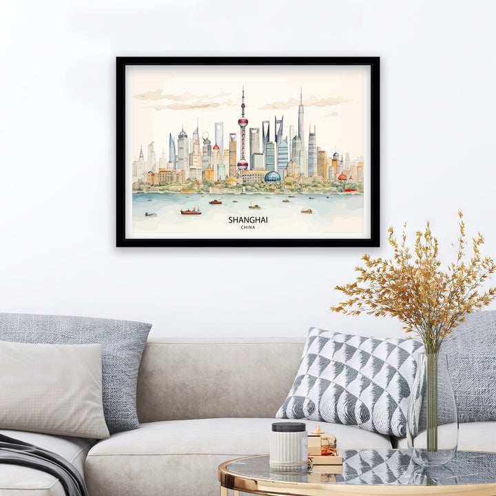 Shanghai Skyline Print Modern Chinese Cityscape Art Shanghai Tower Poster Pudong Skyline Wall Decor China Urban Landscape Illustration
