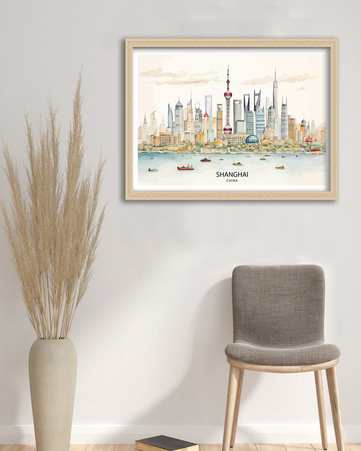 Shanghai Skyline Print Modern Chinese Cityscape Art Shanghai Tower Poster Pudong Skyline Wall Decor China Urban Landscape Illustration