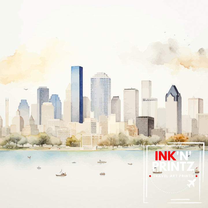 Houston USA Skyline Print| Texas Cityscape Art Houston Downtown Poster American Urban Decor Space City Illustration Modern Metropolis