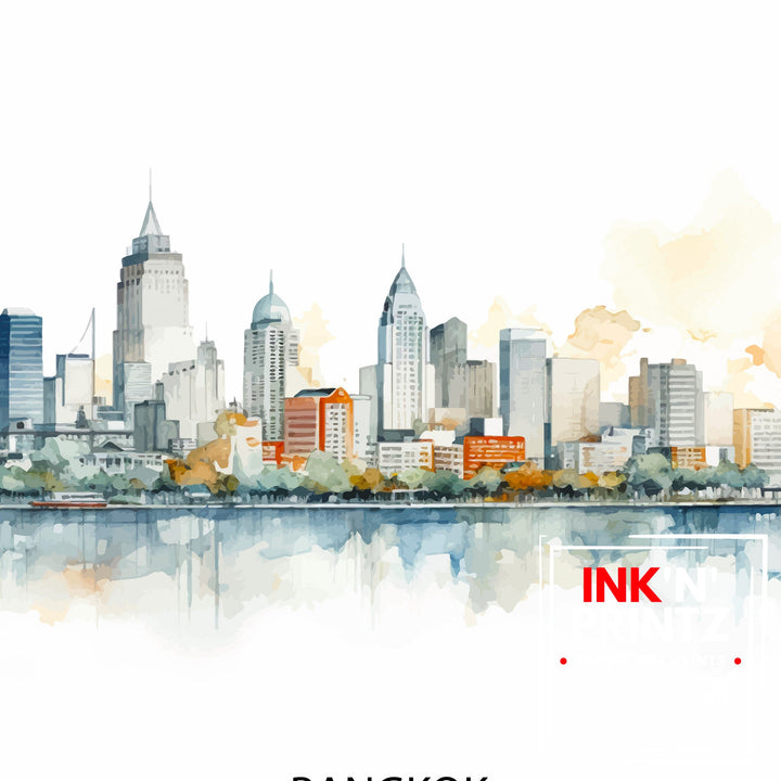 Bangkok Thailand Skyline Print Vibrant Cityscape Art Chao Phraya River Poster Thai Urban Decor Asian Metropolis Illustration Modern Bangkok