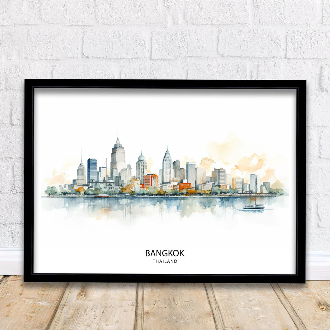 Bangkok Thailand Skyline Print Vibrant Cityscape Art Chao Phraya River Poster Thai Urban Decor Asian Metropolis Illustration Modern Bangkok