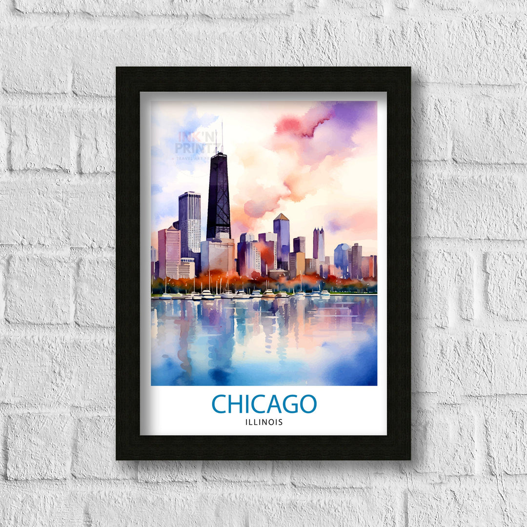 Chicago Travel Print Chicago Wall Art Chicago Poster Chicago Illinois Print Chicago Skyline Art Travel Decor Chicago Gift