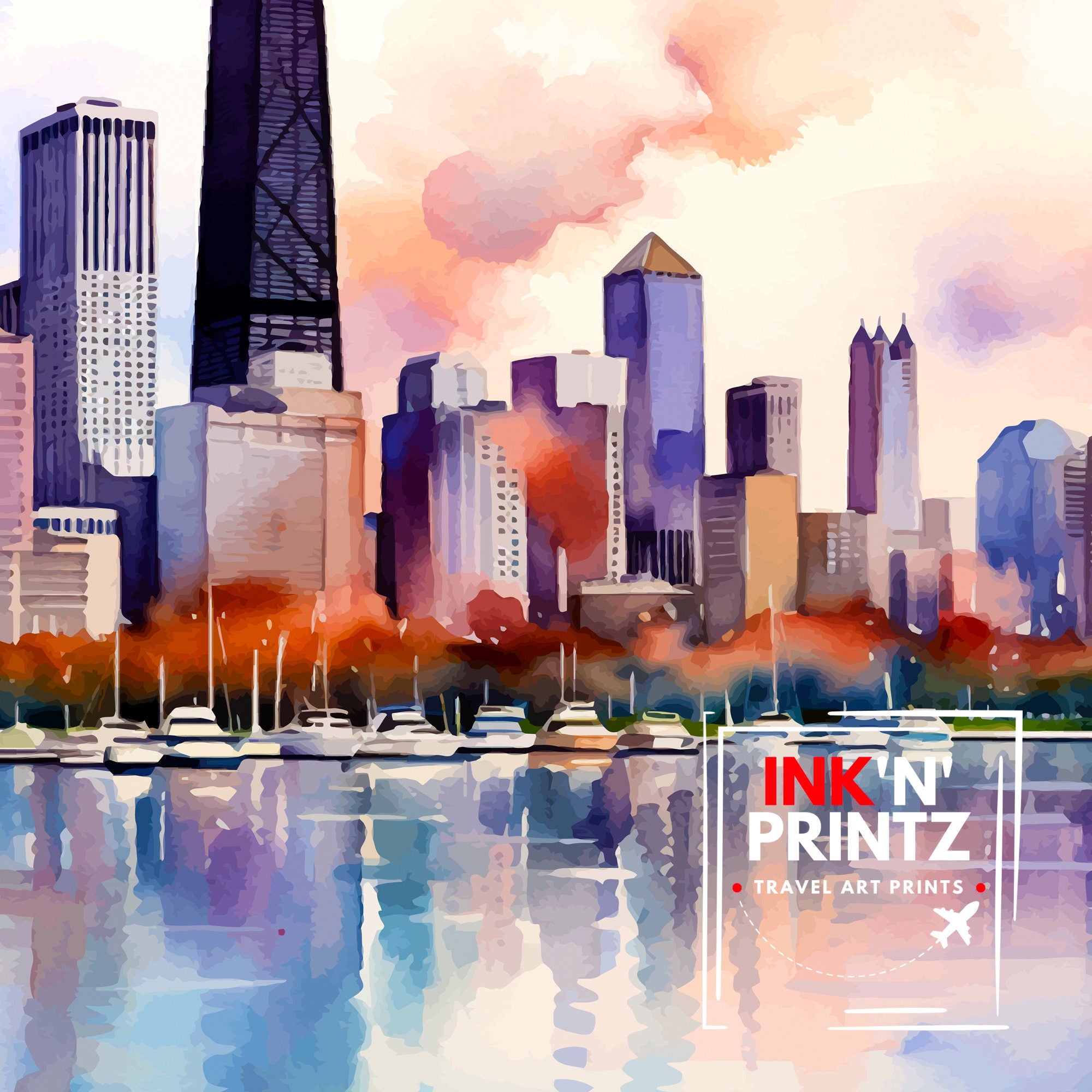 Chicago Travel Print Chicago Wall Art Chicago Poster Chicago Illinois Print Chicago Skyline Art Travel Decor Chicago Gift
