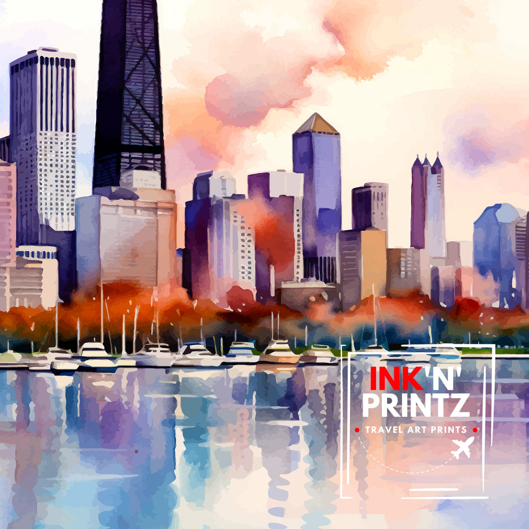 Chicago Travel Print Chicago Wall Art Chicago Poster Chicago Illinois Print Chicago Skyline Art Travel Decor Chicago Gift