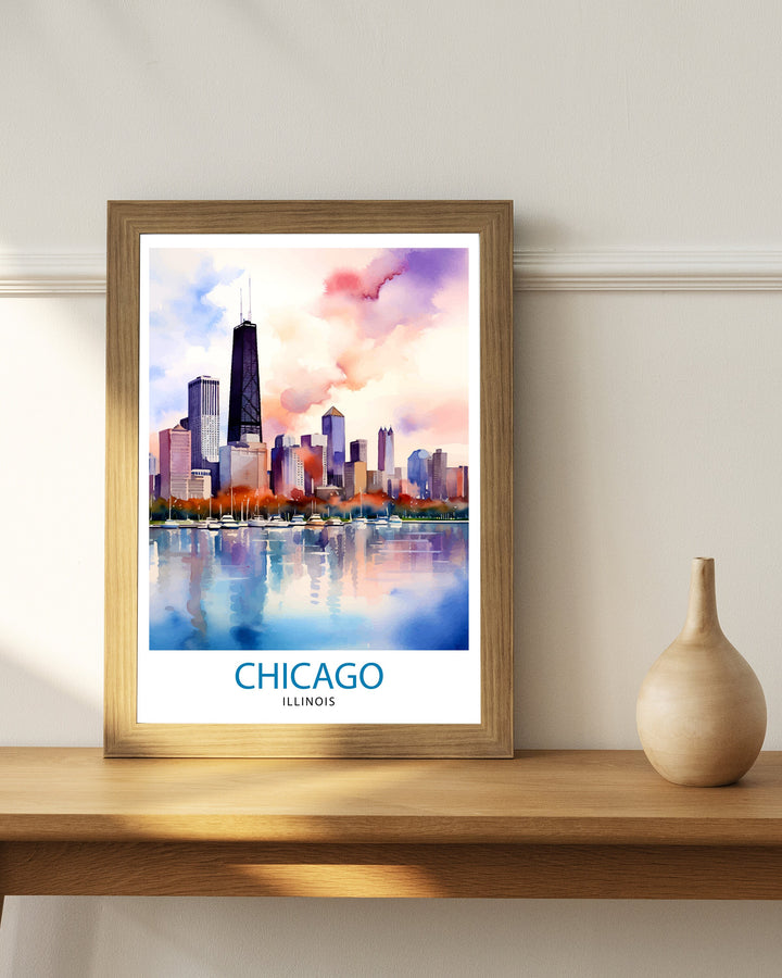 Chicago Travel Print Chicago Wall Art Chicago Poster Chicago Illinois Print Chicago Skyline Art Travel Decor Chicago Gift