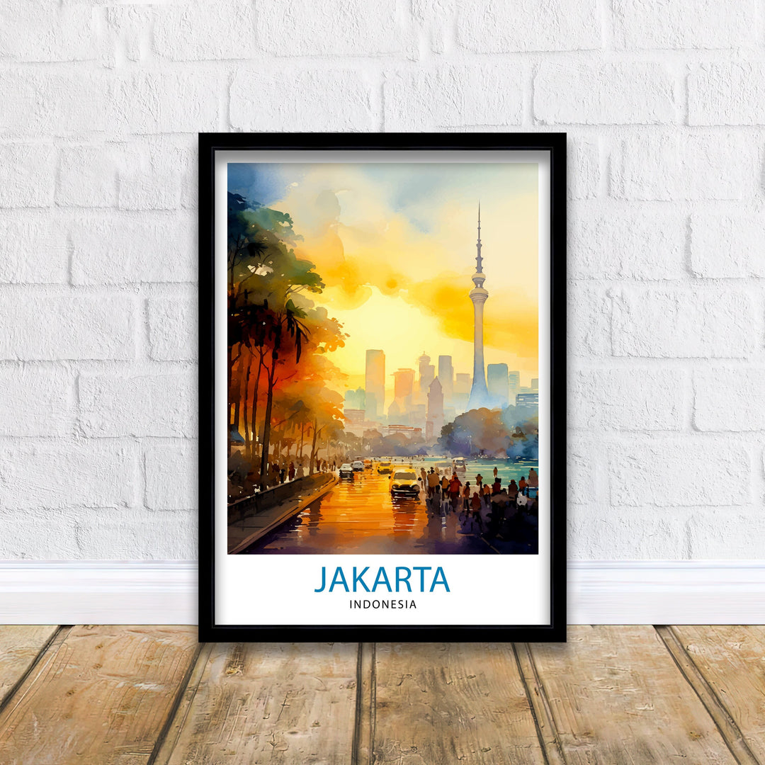 Jakarta Indonesia Skyline Print Vibrant Cityscape Art Jakarta Urban Poster Indonesian Capital Wall Decor Southeast Asia City Illustration