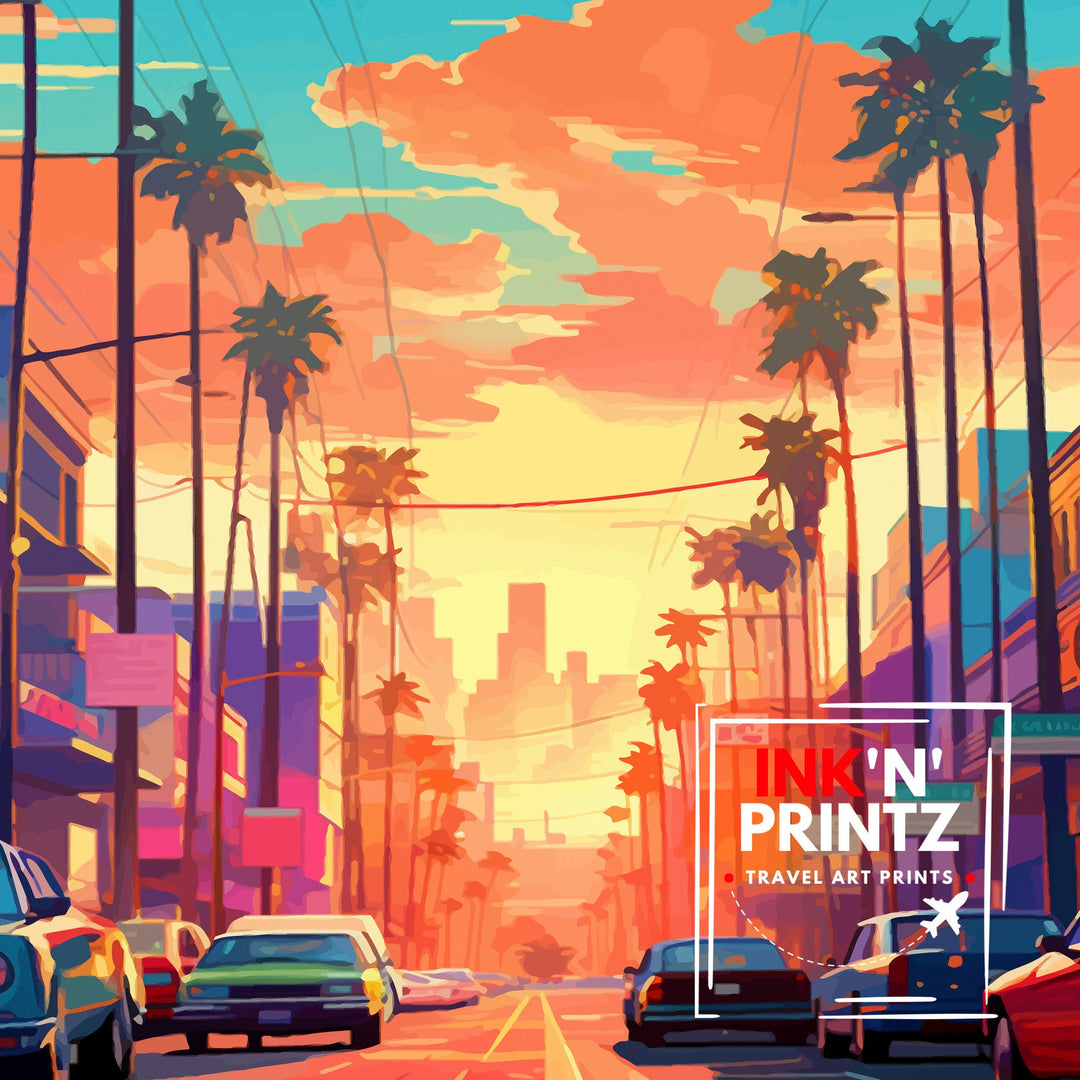 Los Angeles Travel Print| LA Wall Art California Travel Poster Los Angeles Skyline Illustration LA Cityscape Print Gift For LA Lover