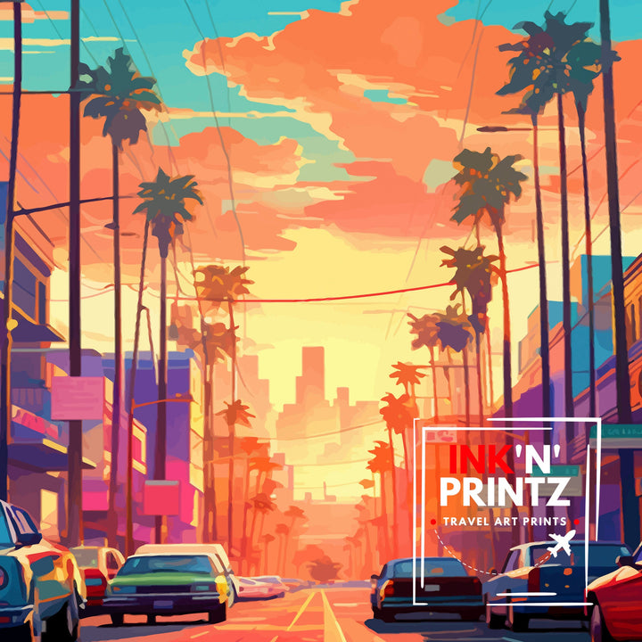 Los Angeles Travel Print| LA Wall Art California Travel Poster Los Angeles Skyline Illustration LA Cityscape Print Gift For LA Lover