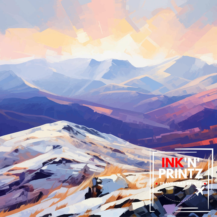 Helvellyn Lake District Print English Mountain Landscape Art Helvellyn Peak Poster Cumbria Hiking Wall Decor UK Nature Illustration British
