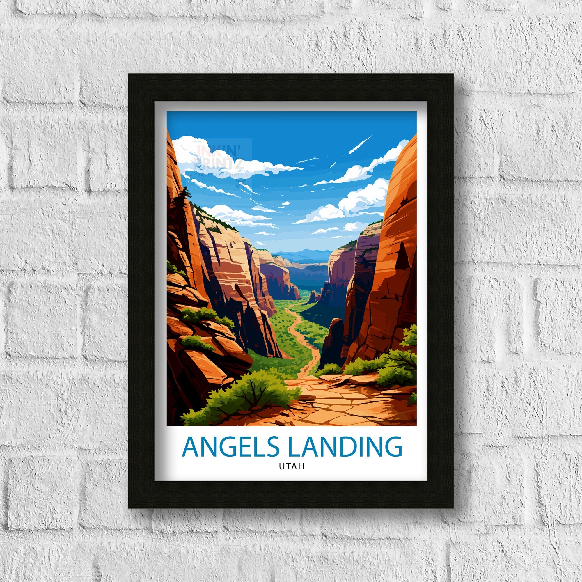 Angels Landing Utah Print Zion National Park Art Hiking Trail Poster Scenic Landscape Wall Decor Nature Adventure Illustration Southwest USA