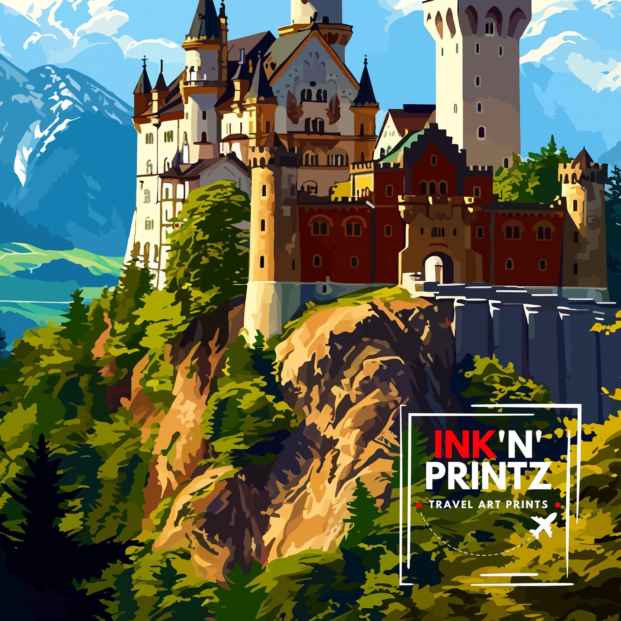 Bavarian Alps Germany Print Scenic Mountain Landscape Art German Alpine Poster Neuschwanstein Castle View Wall Decor Hiking Trail