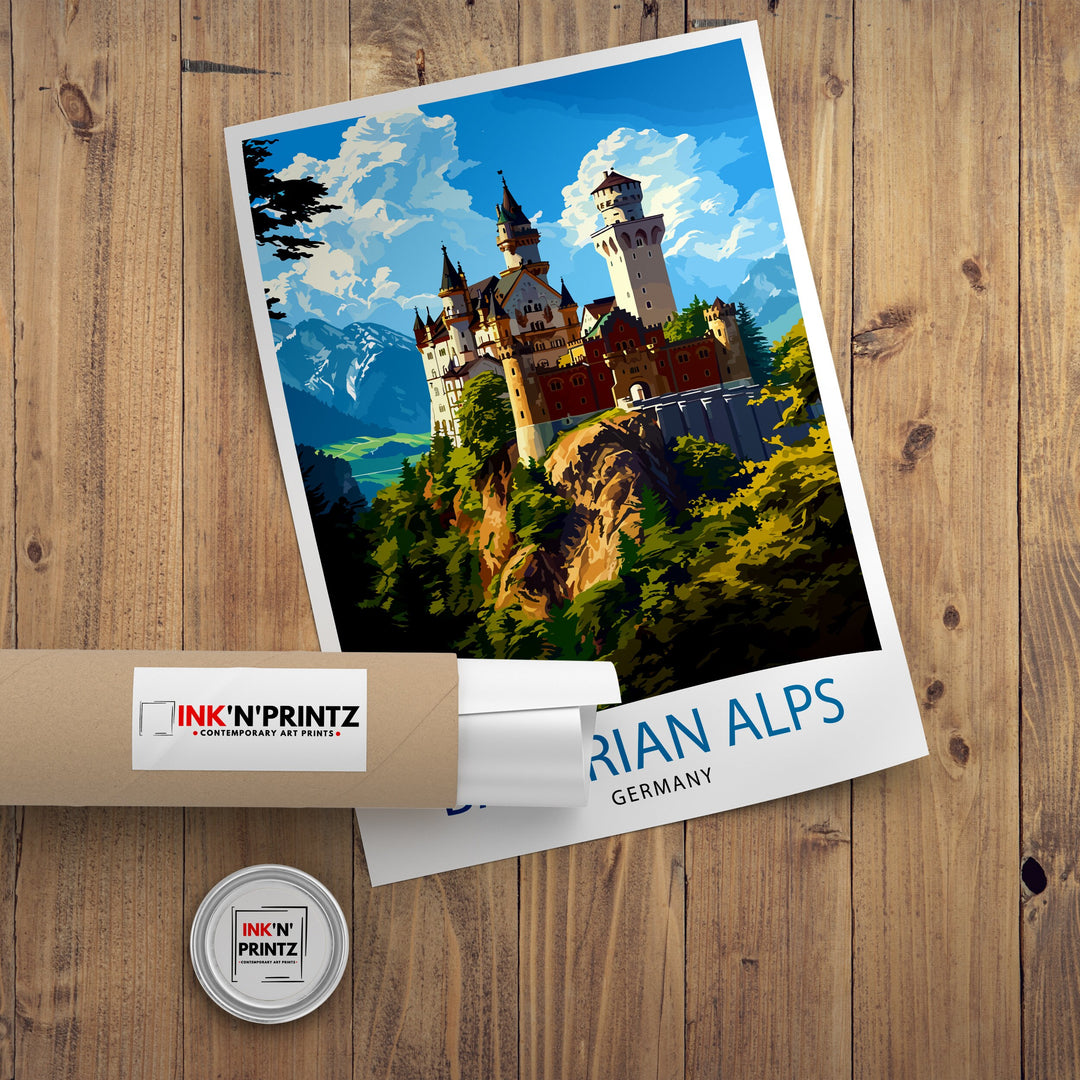 Bavarian Alps Germany Poster Scenic Mountain Landscape Art German Alpine Poster Neuschwanstein Castle View