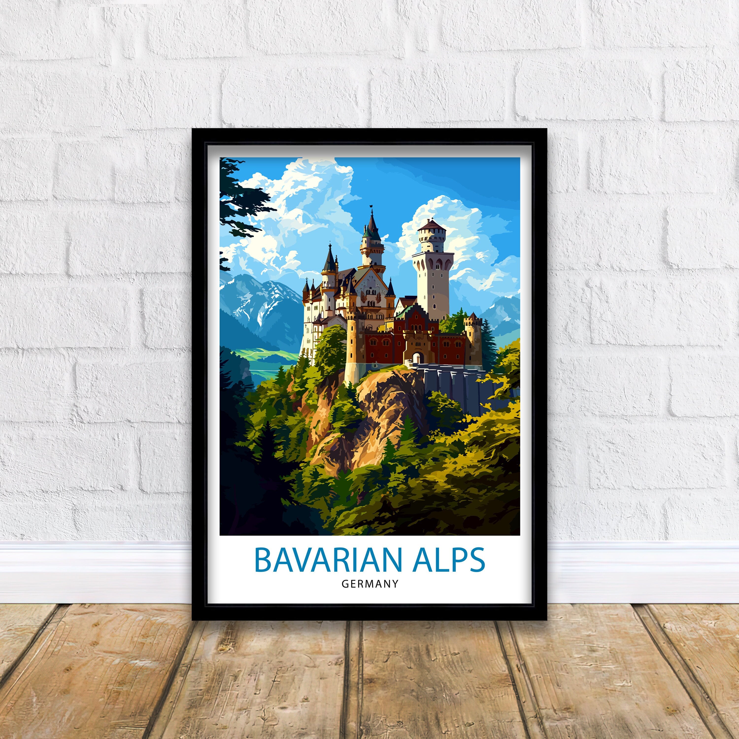 Bavarian Alps Germany Print Scenic Mountain Landscape Art German Alpine Poster Neuschwanstein Castle View Wall Decor Hiking Trail