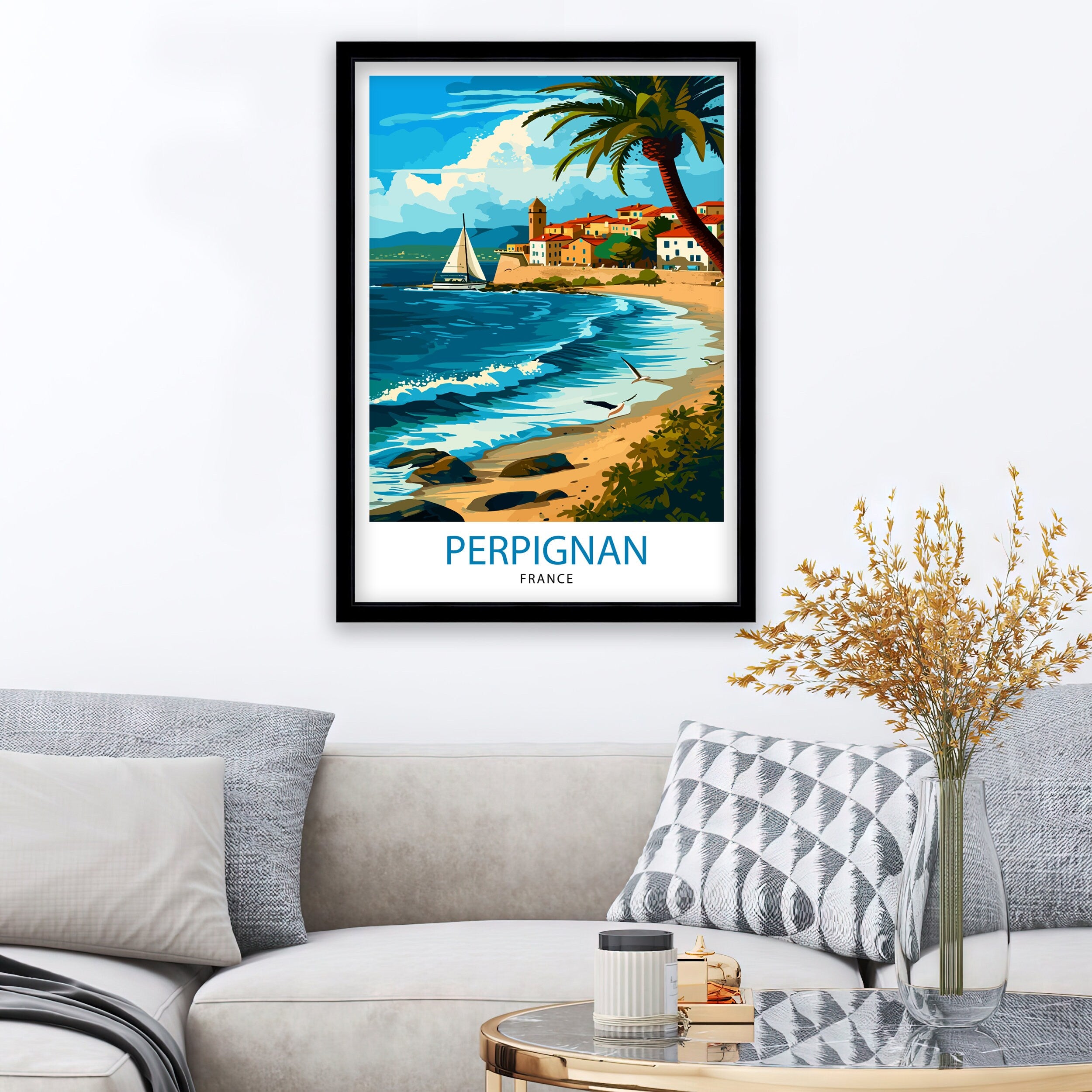 Perpignan France Print Catalonian Influence Art French City Poster Languedoc-Roussillon Wall Decor Historic Architecture Illustration
