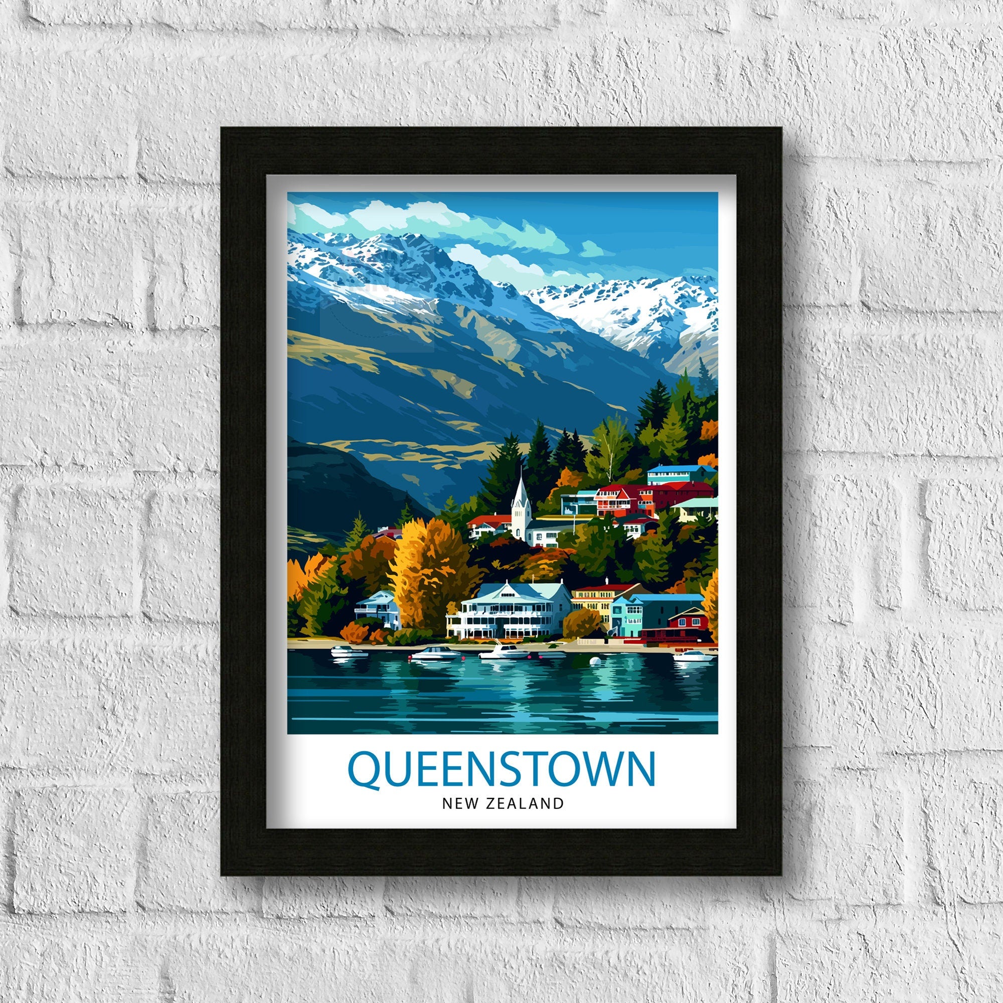 Queenstown New Zealand Print| Adventure Capital Poster Lake Wakatipu Wall Art Remarkables Mountain Decor Kiwi Travel Illustration Outdoor