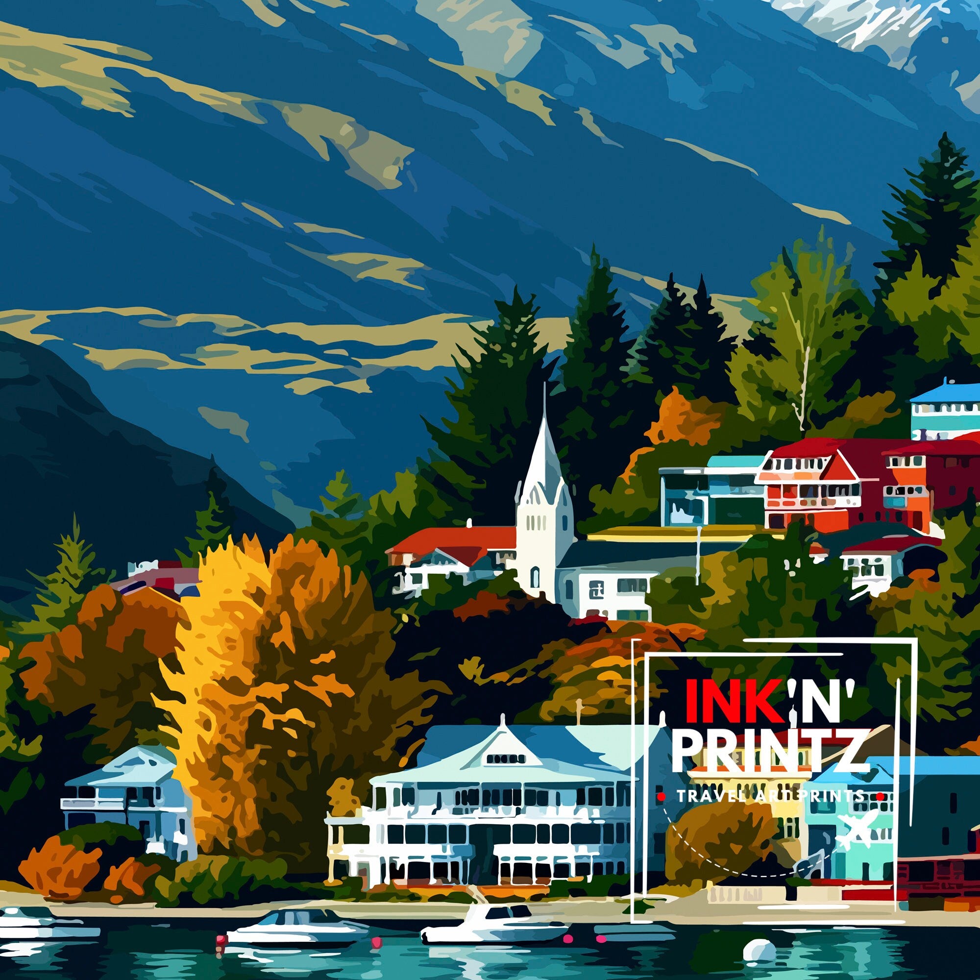 Queenstown New Zealand Print| Adventure Capital Poster Lake Wakatipu Wall Art Remarkables Mountain Decor Kiwi Travel Illustration Outdoor