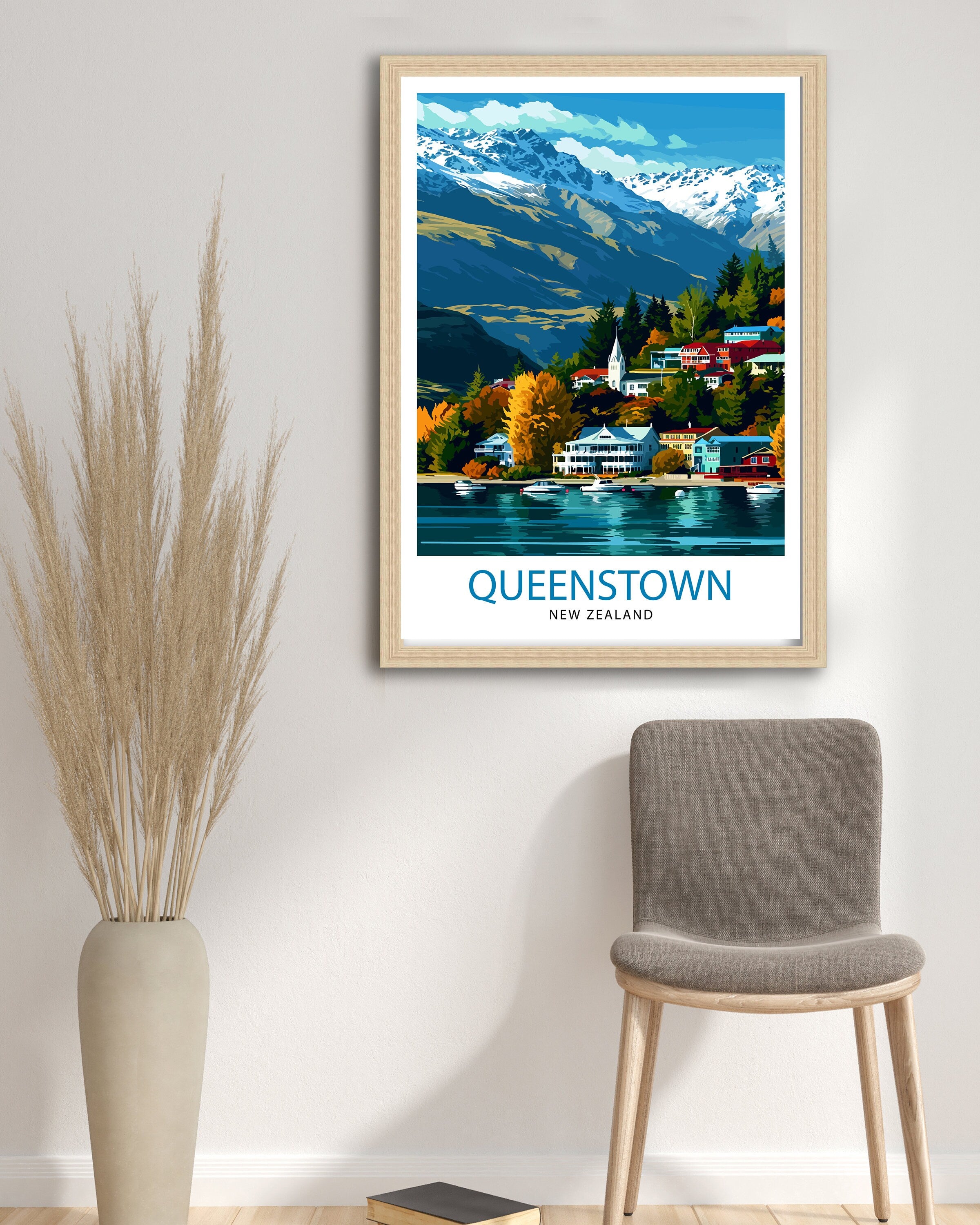 Queenstown New Zealand Print| Adventure Capital Poster Lake Wakatipu Wall Art Remarkables Mountain Decor Kiwi Travel Illustration Outdoor
