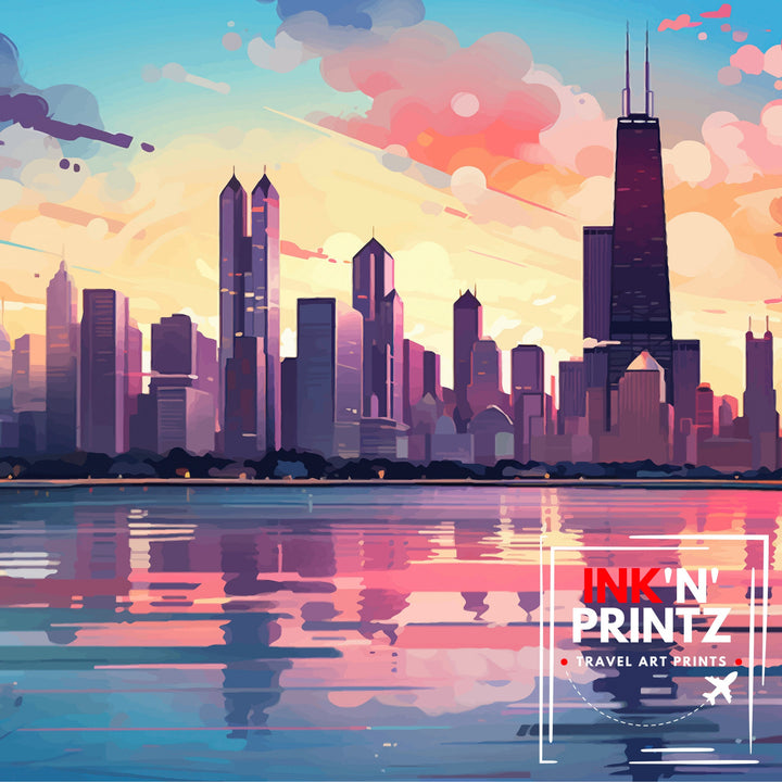 Chicago Travel Print Chicago Wall Art Chicago Poster Chicago Illinois Print Chicago Skyline Art Travel Decor Chicago Gift