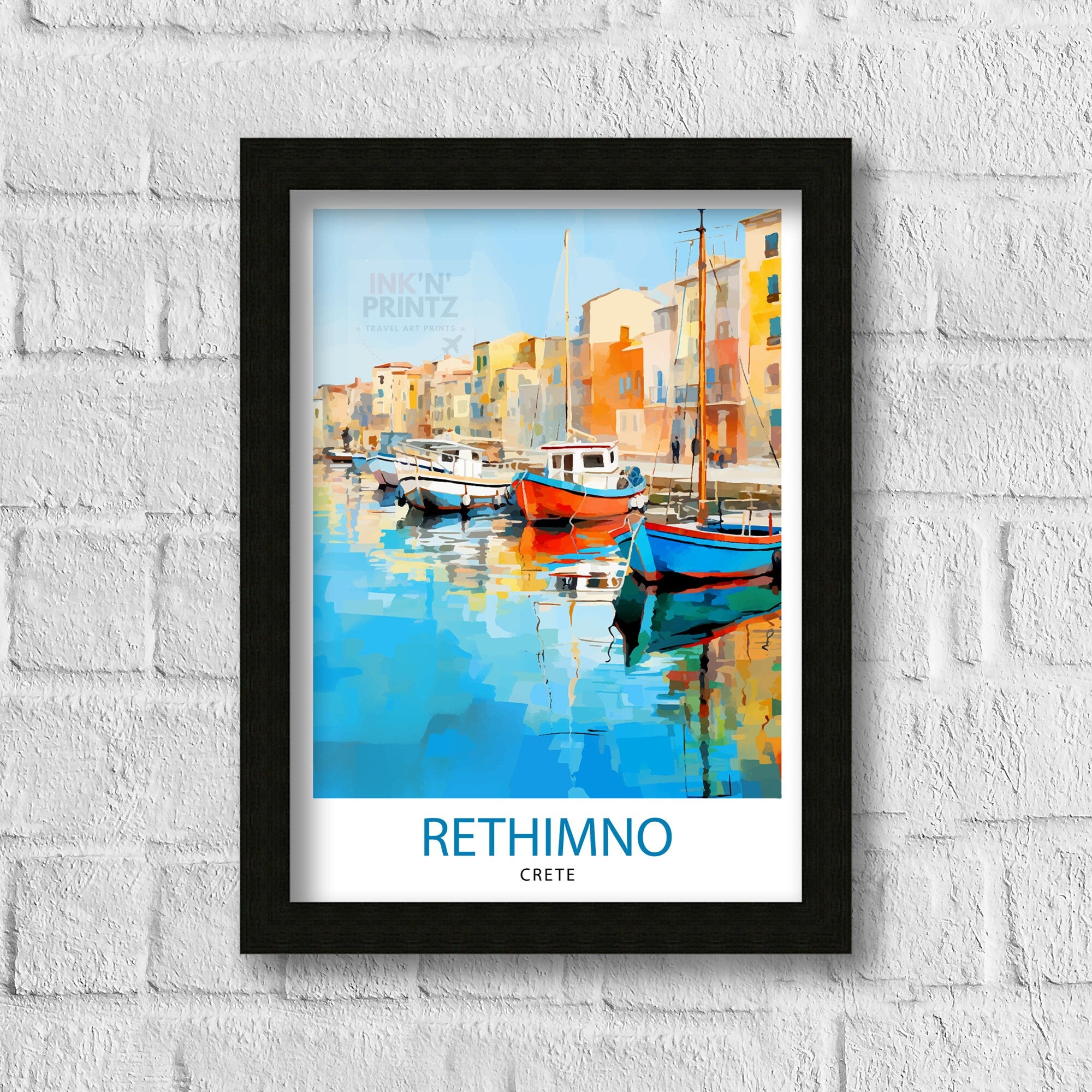 Rethymno Crete Print Greek Island Art Venetian Harbor Poster Mediterranean Landscape Wall Decor Crete Town Illustration Greek Culture