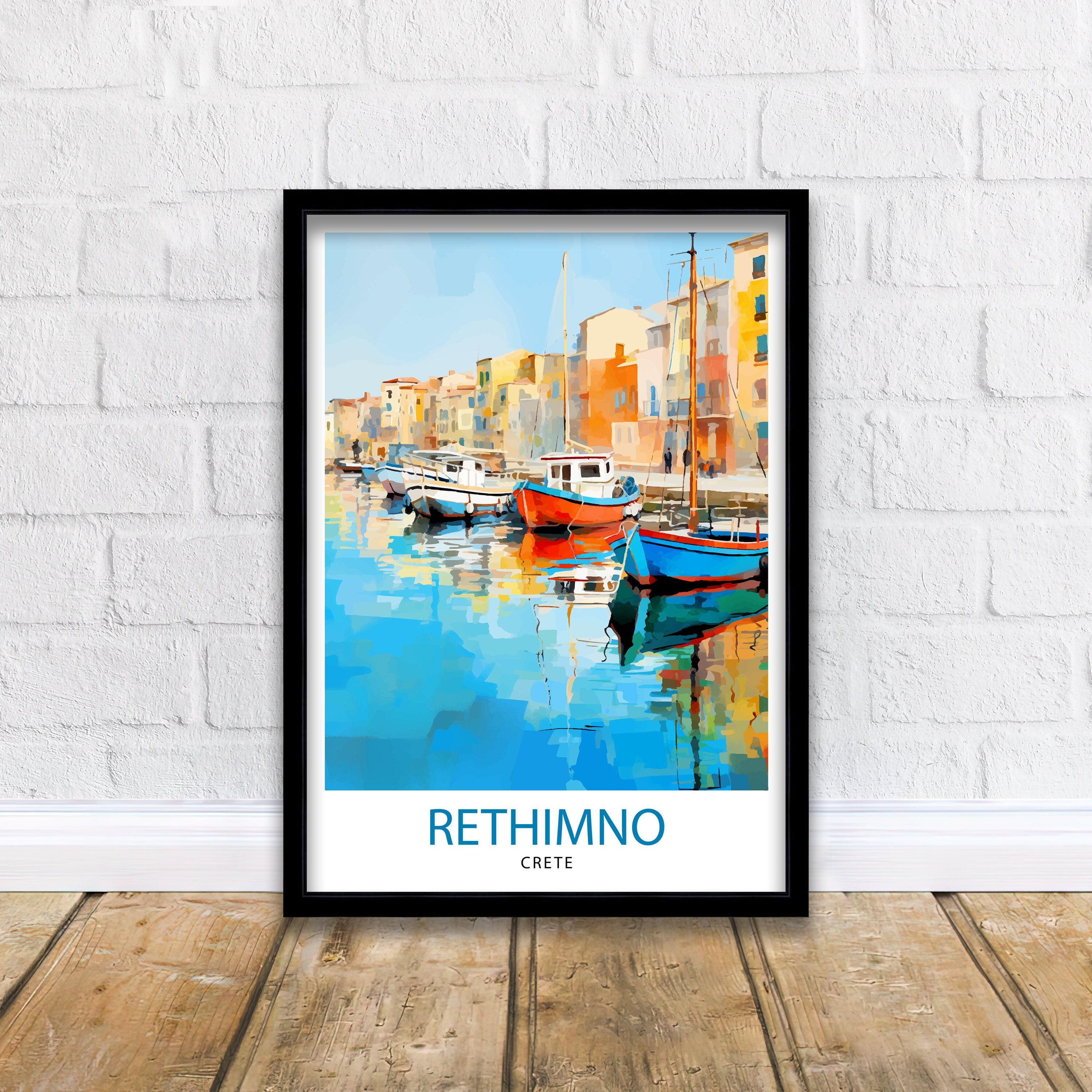 Rethymno Crete Print Greek Island Art Venetian Harbor Poster Mediterranean Landscape Wall Decor Crete Town Illustration Greek Culture