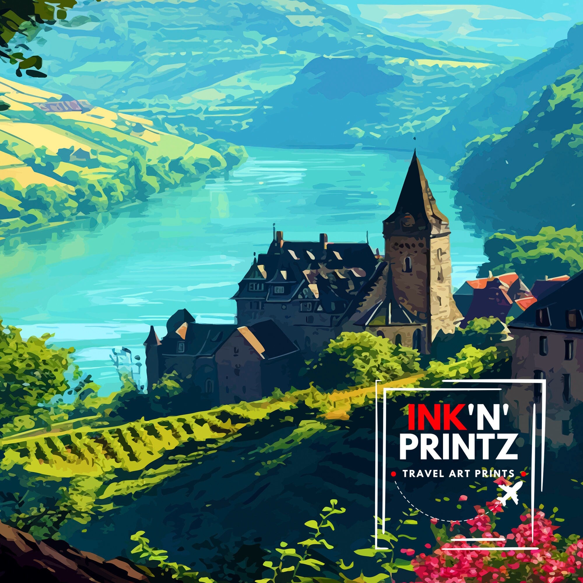 Rhine River Switzerland Print Scenic Swiss Landscape Art River Valley Poster Swiss Alps Wall Decor Alpine River Illustration Nature Travel