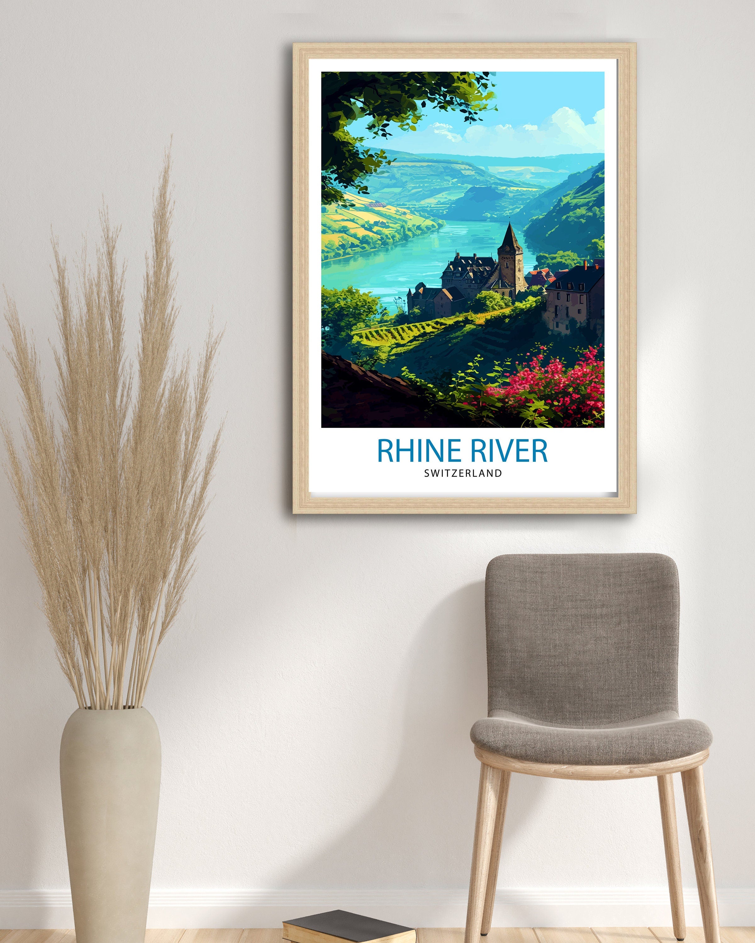 Rhine River Switzerland Print Scenic Swiss Landscape Art River Valley Poster Swiss Alps Wall Decor Alpine River Illustration Nature Travel