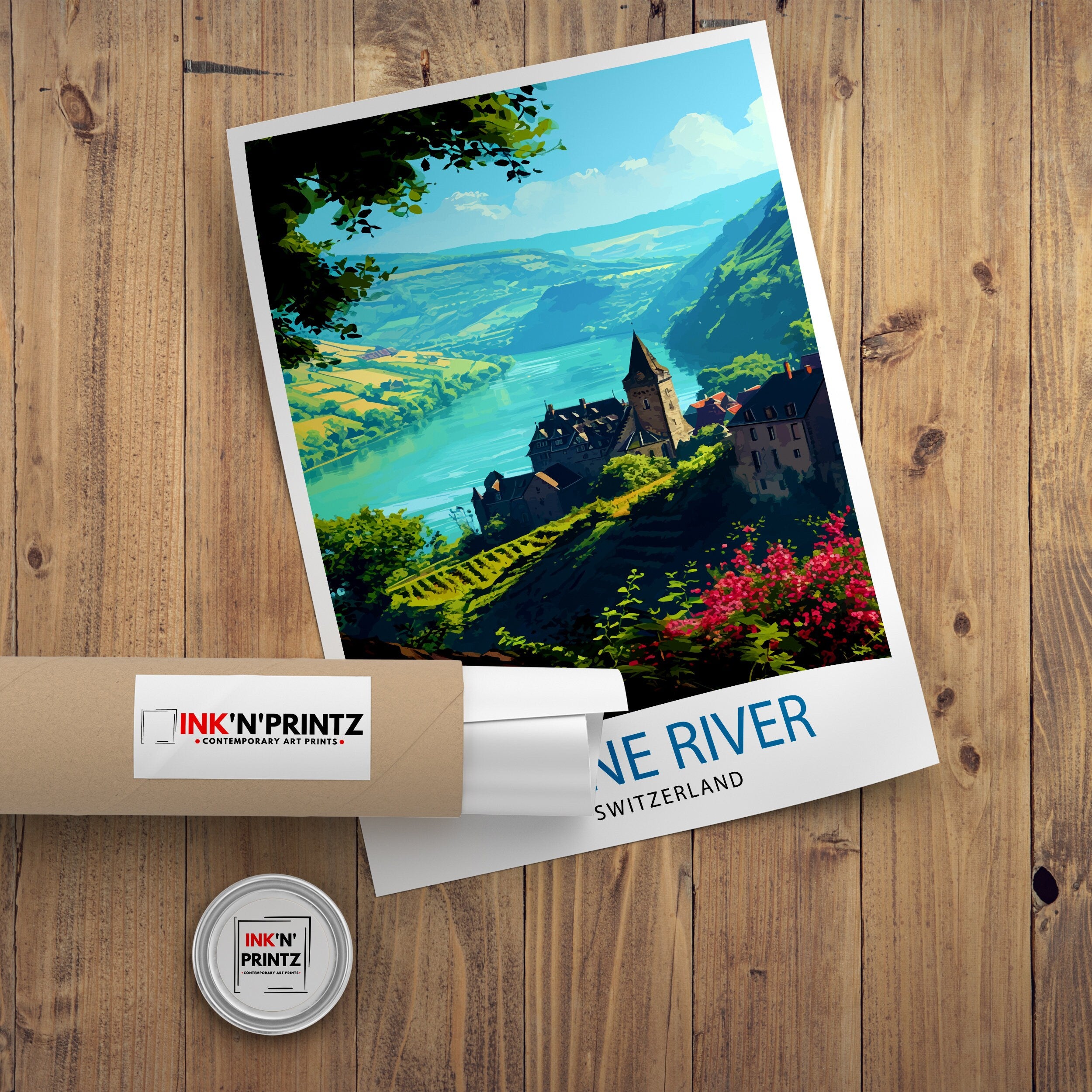 Rhine River Switzerland Print Scenic Swiss Landscape Art River Valley Poster Swiss Alps Wall Decor Alpine River Illustration Nature Travel