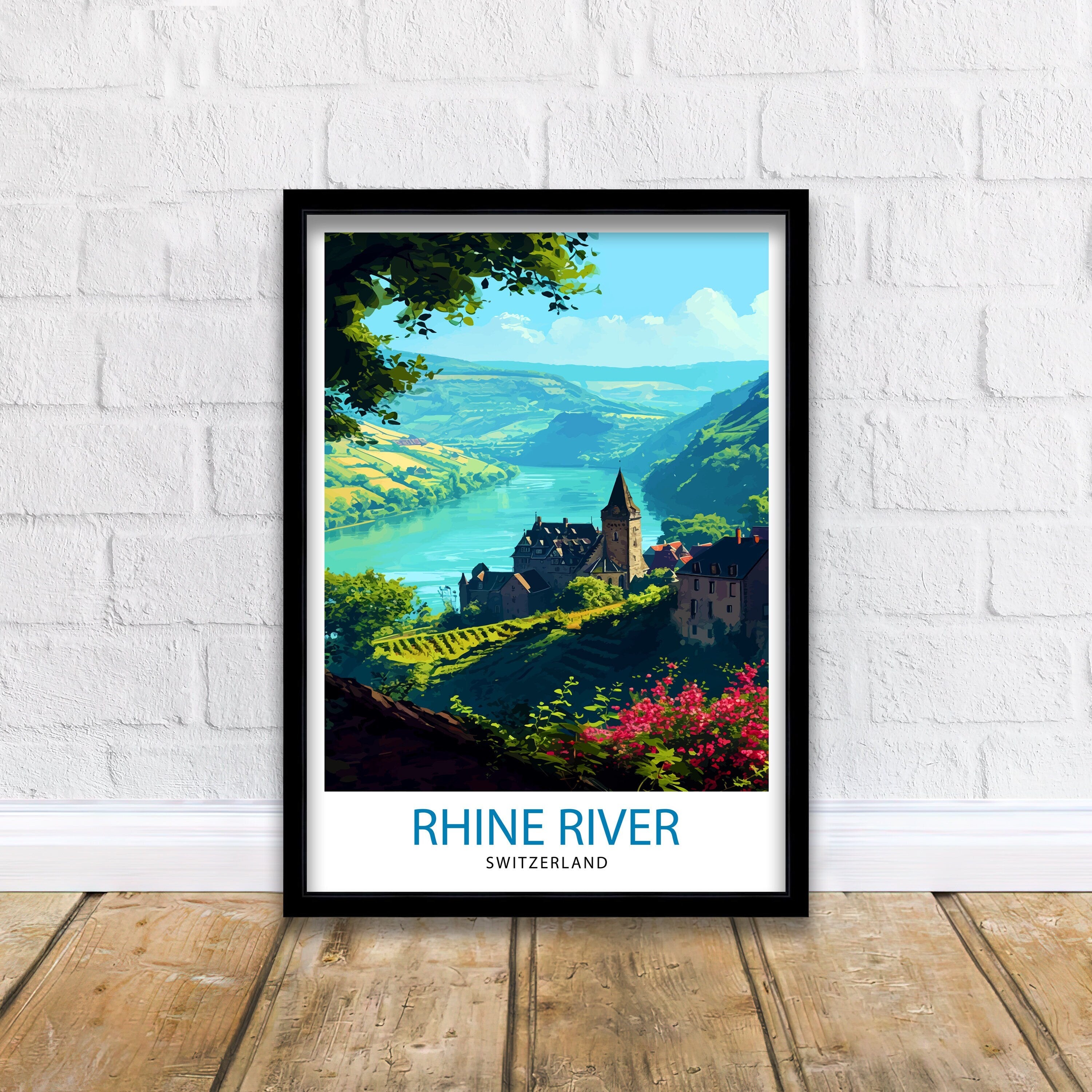 Rhine River Switzerland Print Scenic Swiss Landscape Art River Valley Poster Swiss Alps Wall Decor Alpine River Illustration Nature Travel