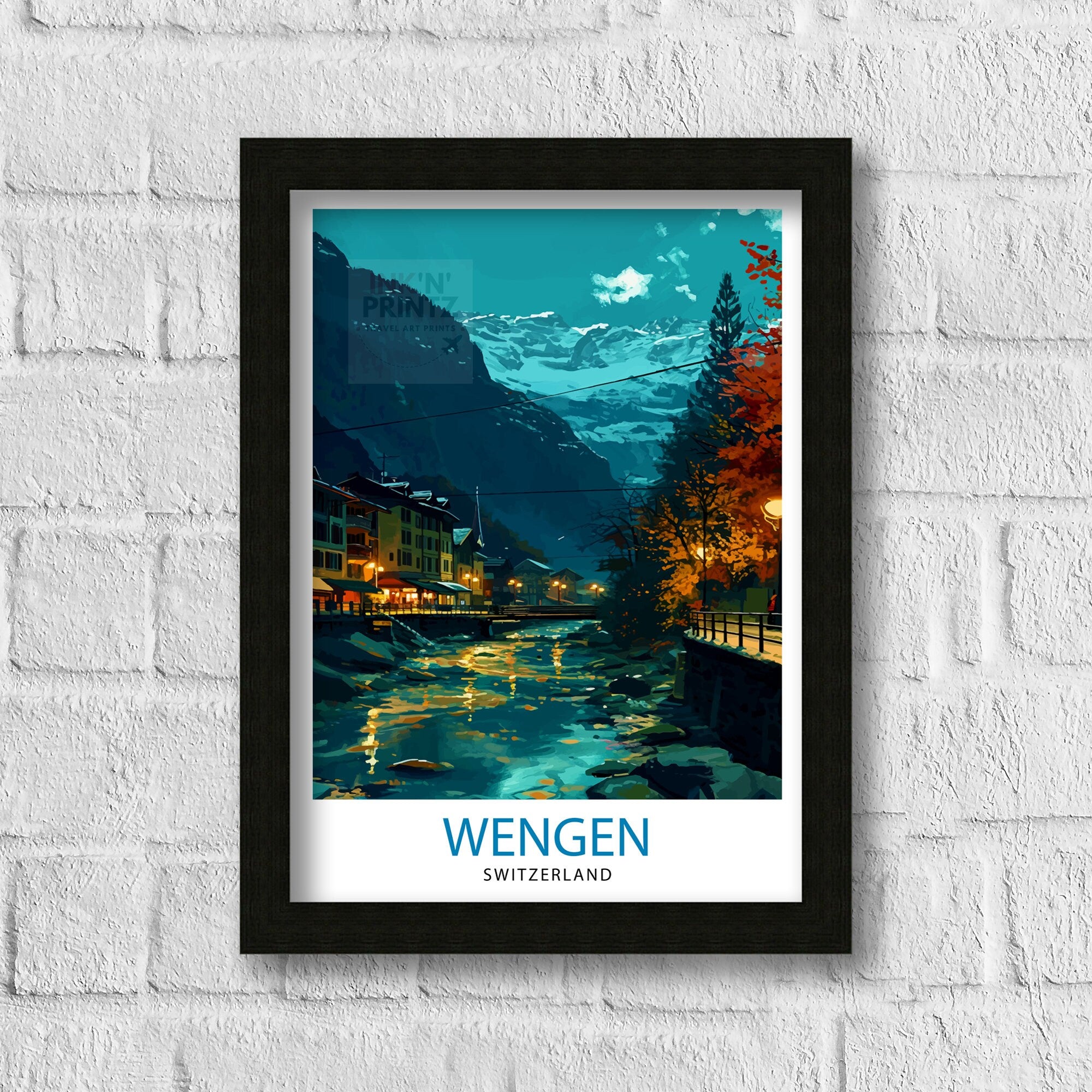 Wengen Switzerland Print Alpine Village Art Swiss Mountainscape Poster Lauterbrunnen Valley Wall Decor Swiss Alps Illustration