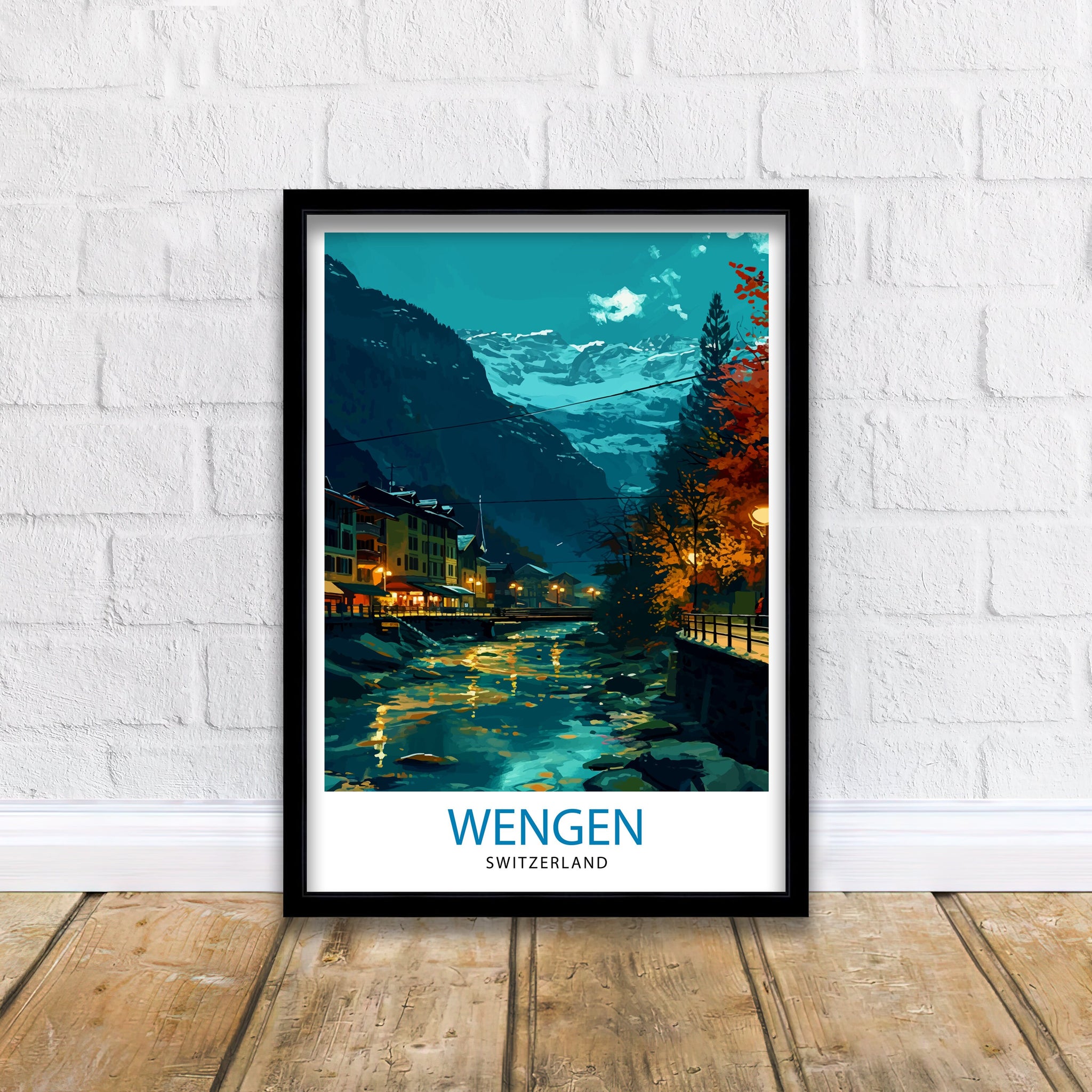 Wengen Switzerland Print Alpine Village Art Swiss Mountainscape Poster Lauterbrunnen Valley Wall Decor Swiss Alps Illustration