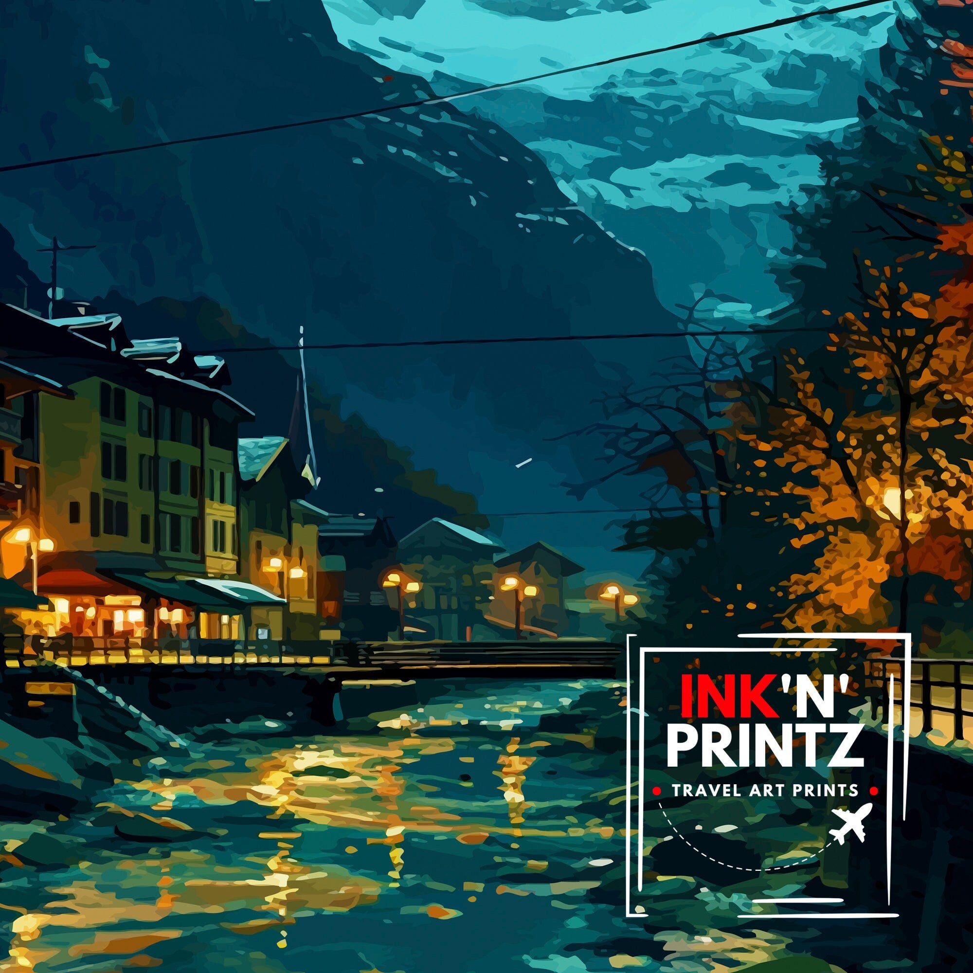 Wengen Switzerland Print Alpine Village Art Swiss Mountainscape Poster Lauterbrunnen Valley Wall Decor Swiss Alps Illustration
