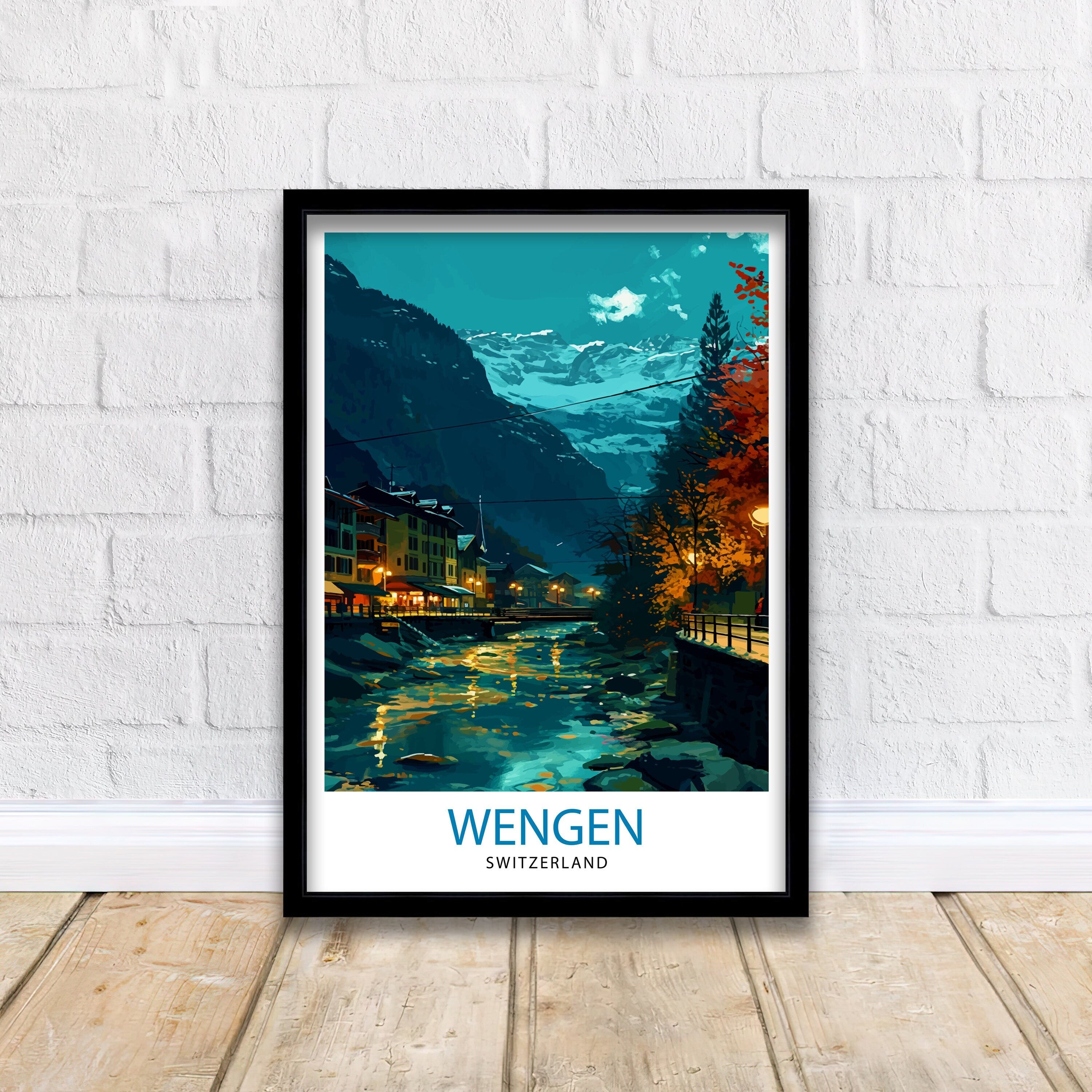 Wengen Switzerland Print Alpine Village Art Swiss Mountainscape Poster Lauterbrunnen Valley Wall Decor Swiss Alps Illustration