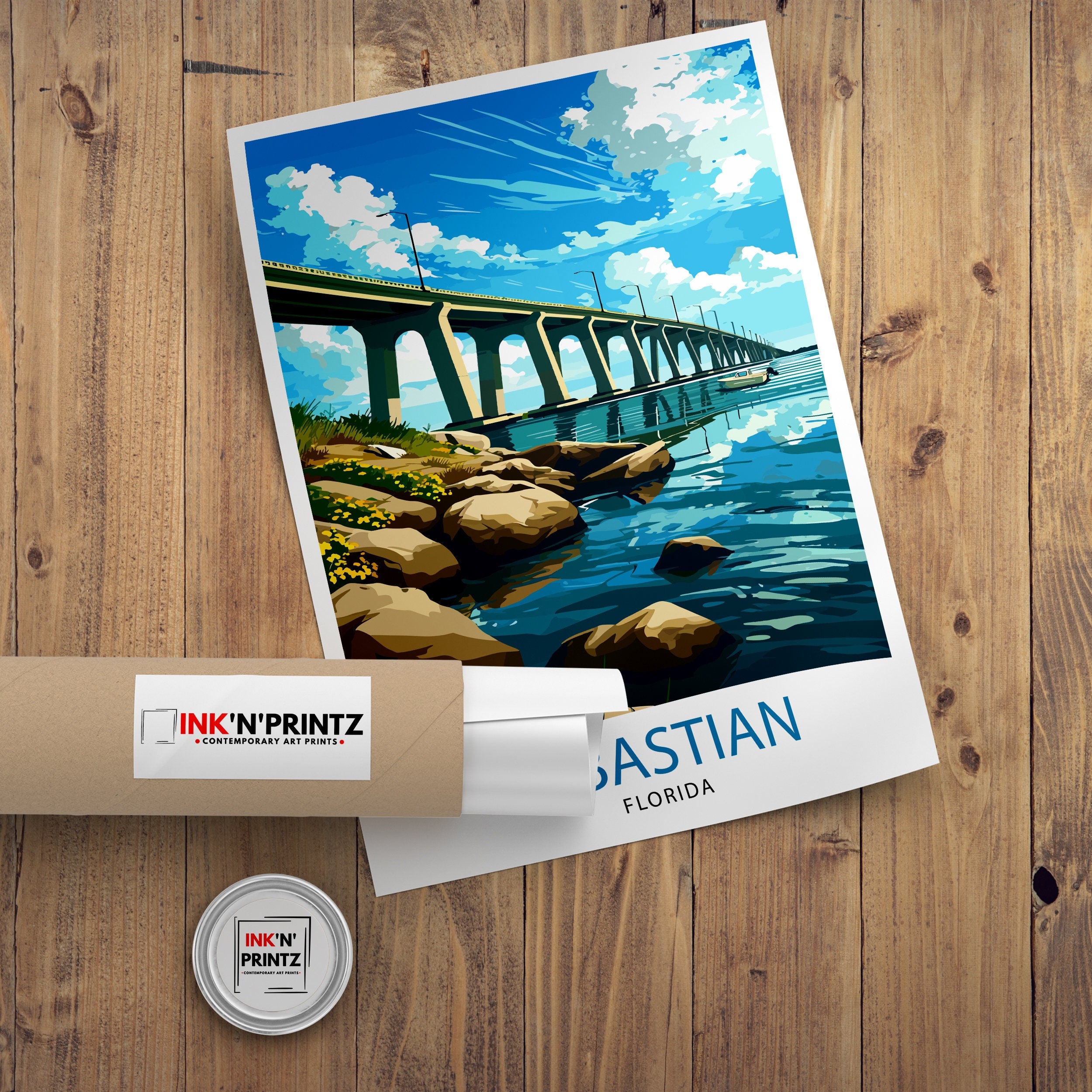 Sebastian Florida Print| Coastal Town Art Indian River Lagoon Poster Florida Landscape Wall Decor Sebastian Inlet Illustration Sunshine