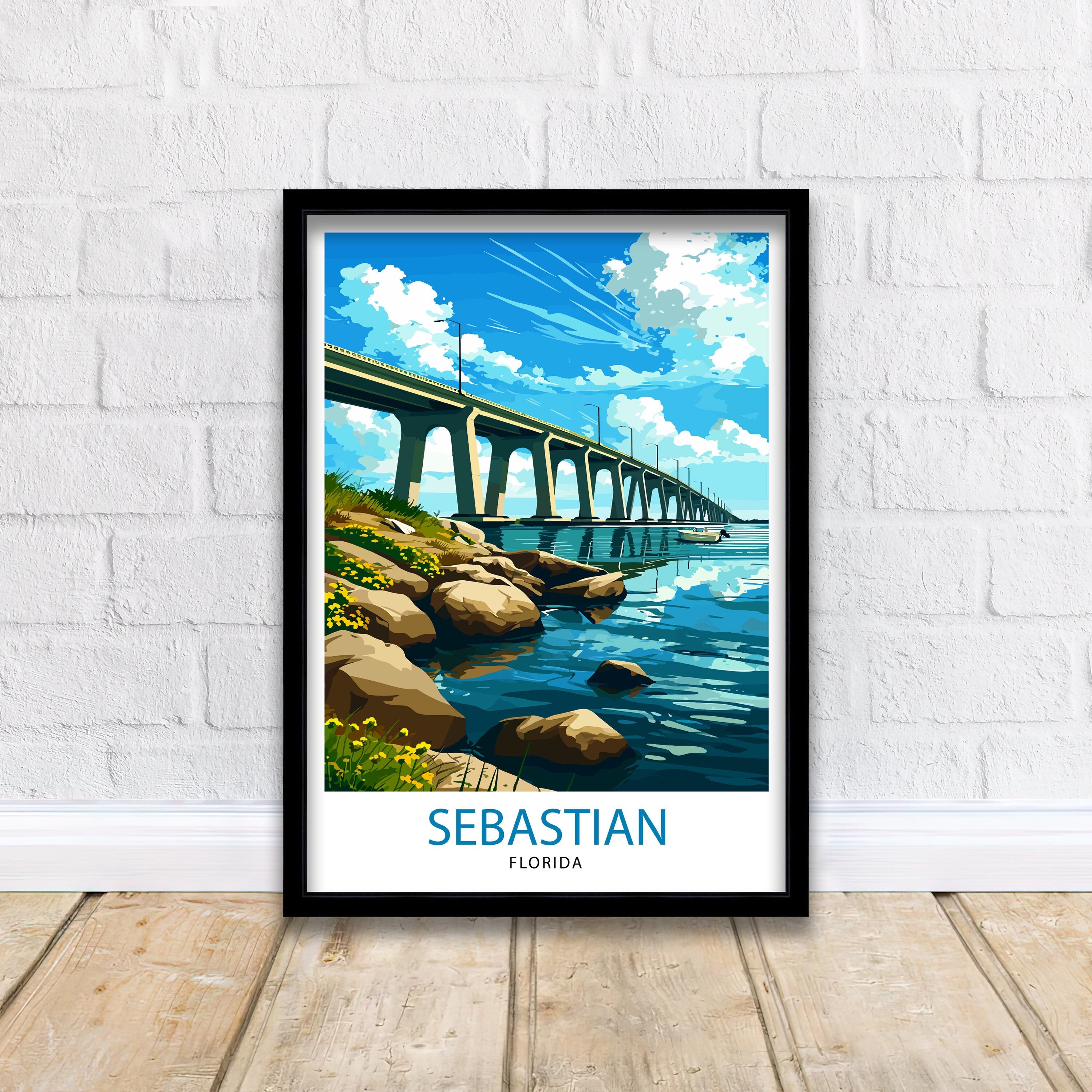 Sebastian Florida Print| Coastal Town Art Indian River Lagoon Poster Florida Landscape Wall Decor Sebastian Inlet Illustration Sunshine