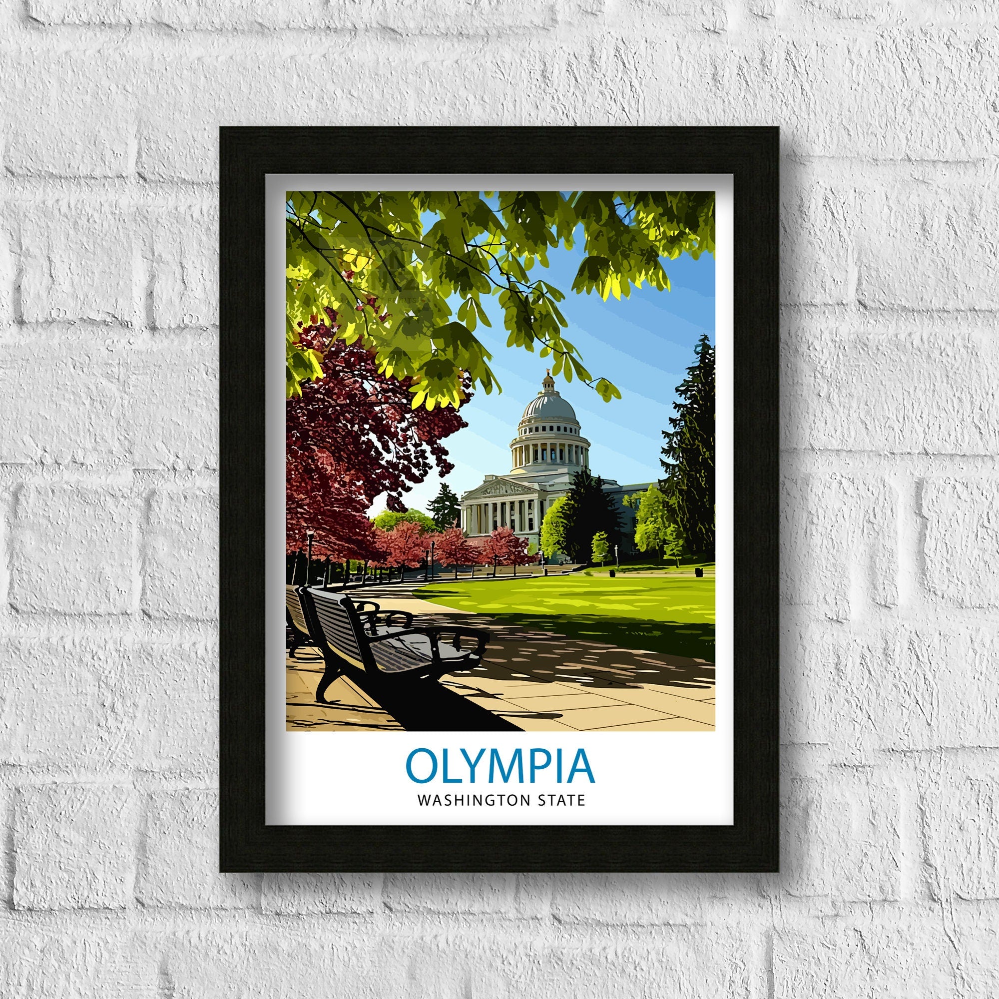 Olympia Washington State Print Capital City Art Puget Sound Landscape Poster Pacific Northwest Wall Decor Olympia Cityscape Illustration