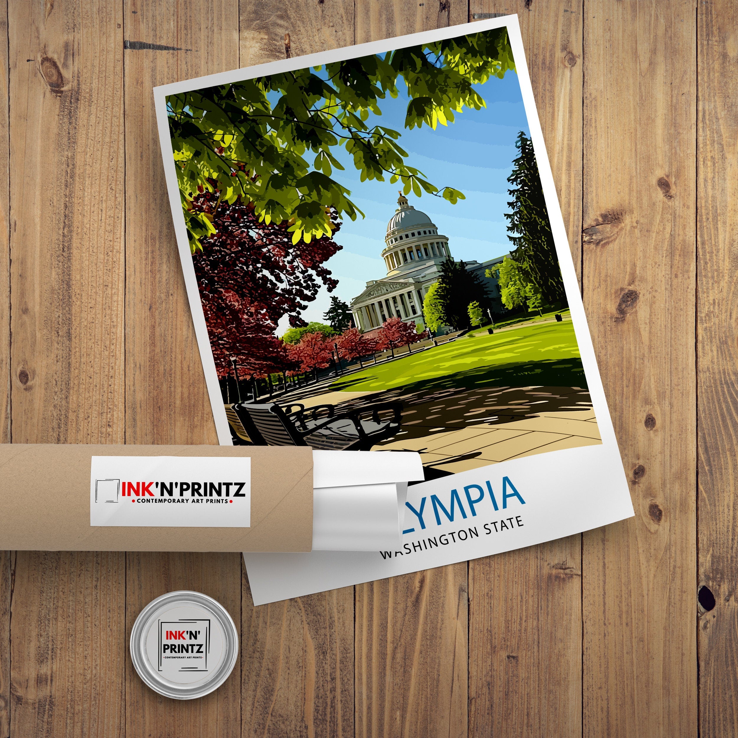 Olympia Washington State Print Capital City Art Puget Sound Landscape Poster Pacific Northwest Wall Decor Olympia Cityscape Illustration